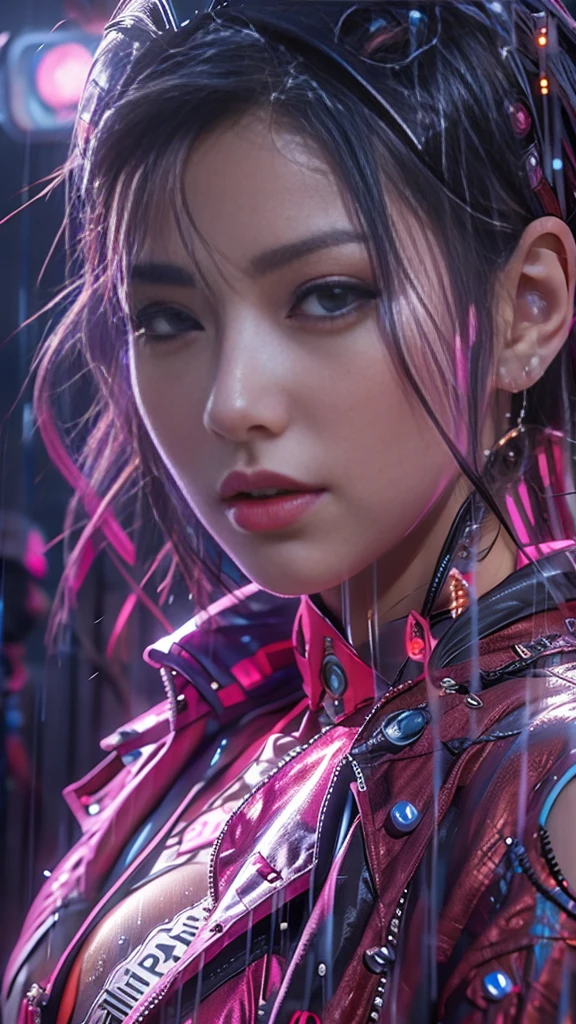 (Realistic:1.3, 16k, highest quality, masterpiece, Ultra-high resolution), ((rain, From below)), Perfect dynamic composition:1.2, (Modern futuristic city at night, Expressions of sadness:0.5, motorcycleを運転する:0.5), Highly detailed skin and facial textures:1.2, Young Japanese Woman, Incredibly slim body, Fair skin, Sexy beauty, Very beautiful face, beautifully、aesthetic, (Pink tight skirt, Wear cyberpunk clothes), (Shapely breasts, Chest gap), (Big eyes that exude beautiful eroticism, Lips that exude beautiful eroticism), necklace, Earrings, bracelet, wedding ring, Shoulder bag, clock, sunglasses, motorcycle, Cowboy Shot
