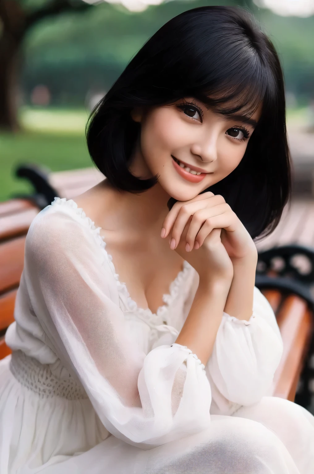 araffe woman in white dress sitting on a bench in a park, anime thai girl, charming smile, beautiful girl model, beautiful asian girl, beautiful and smiling, lovely smile, cute beautiful, girl cute-fine-face, cute seductive smile, very beautiful girl, cute young woman, with a beautifull smile, smiling sweetly, beautiful smile, beautiful asian woman