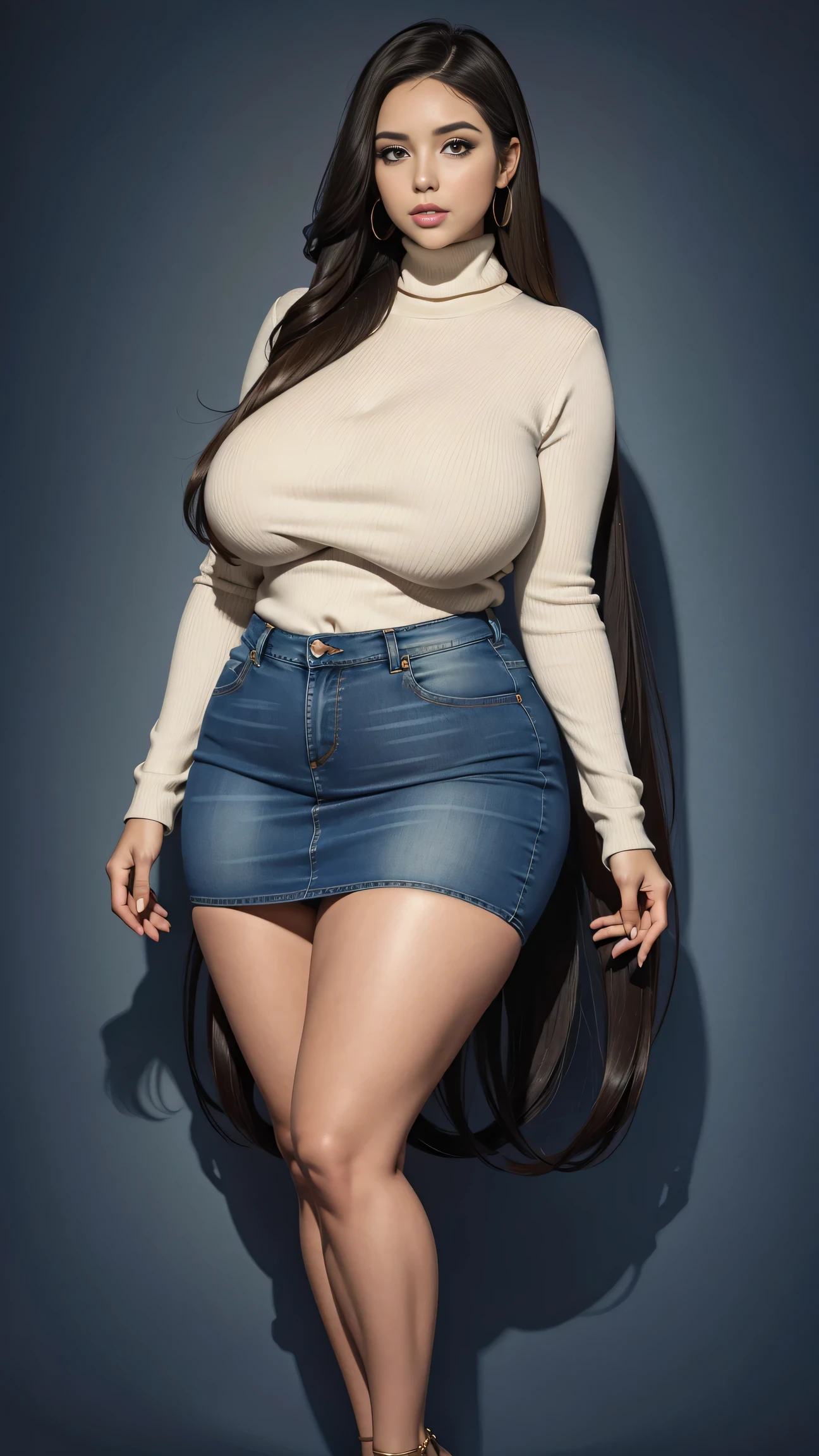 Full body shot of 1 beautiful woman, adult, large body, voluptuous woman, (very long straight hair),( brunette hair), outlined eyelids, made-up eyelids, turtleneck sweater, scarf, neckline, (blue mini denim skirt), tempting , dreaming, curvy hourglass figure, oppai proportion, tight skirt , tall, tall, long legs