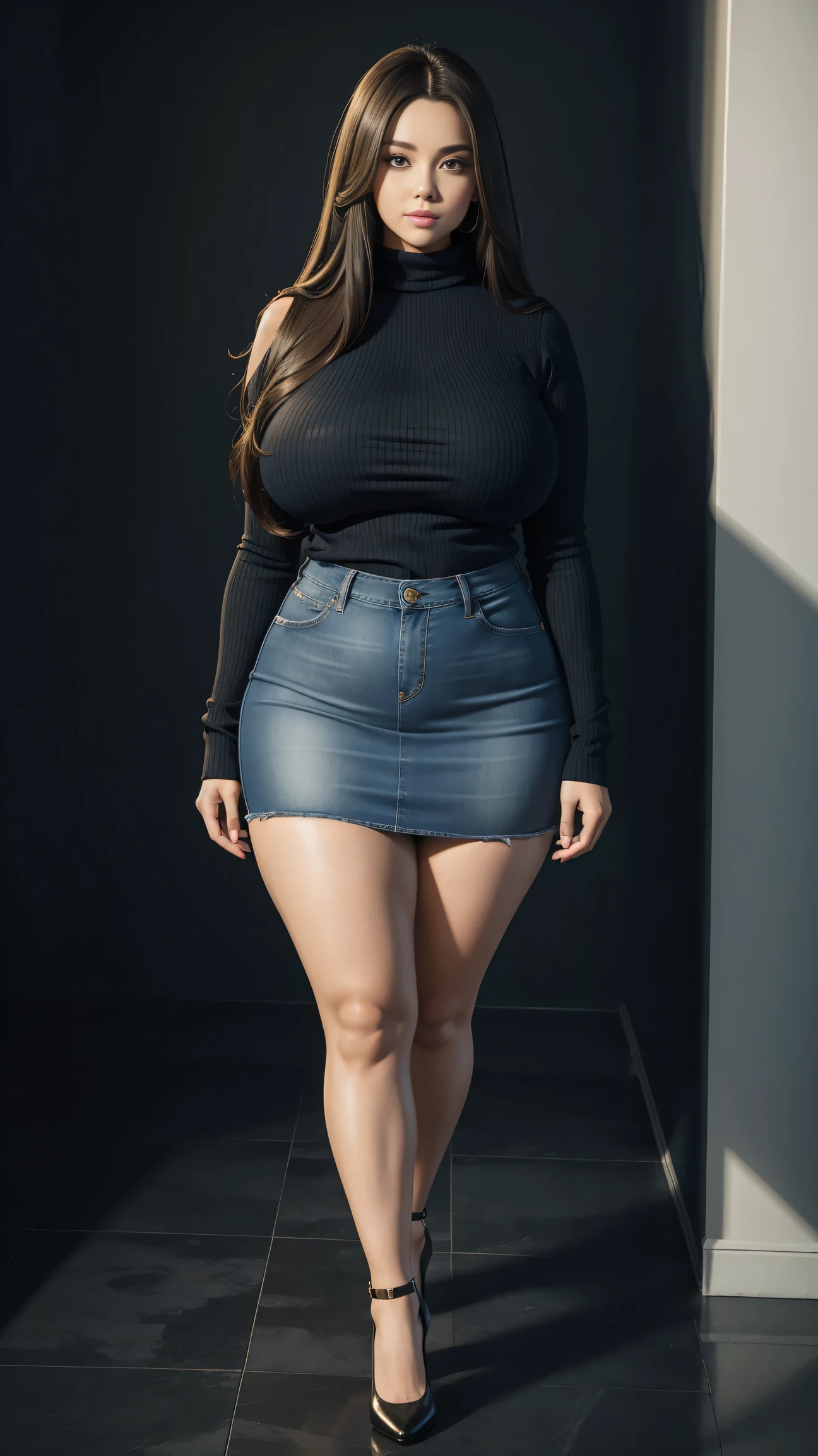 Full body shot of 1 beautiful woman, adult, large body, voluptuous woman, (very long straight hair),( brunette hair), outlined eyelids, made-up eyelids, turtleneck sweater, scarf, neckline, (blue mini denim skirt), tempting , dreaming, curvy hourglass figure, oppai proportion, tight skirt , tall, tall, long legs