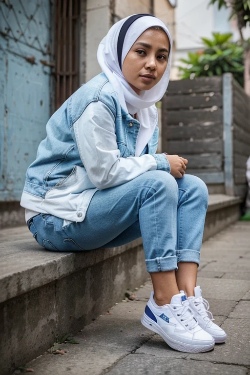 Create a photo of a 30 year old Muslim woman from Indonesia sitting on the Facebook social media logo wearing white sneakers, blue denim jacket, white jeans, background on a Facebook social media page with the name "Okta". Various social media elements are visible including profile photos, number of friends, and posts, realistic original photos.