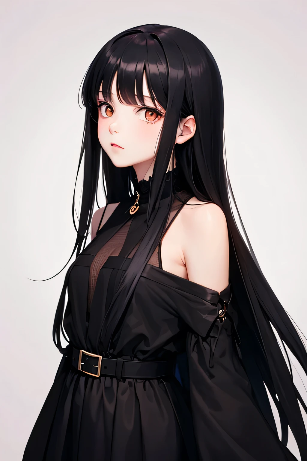 Girl in black clothing dress long straight black hair bright orange eyes princess with a dull expression 
