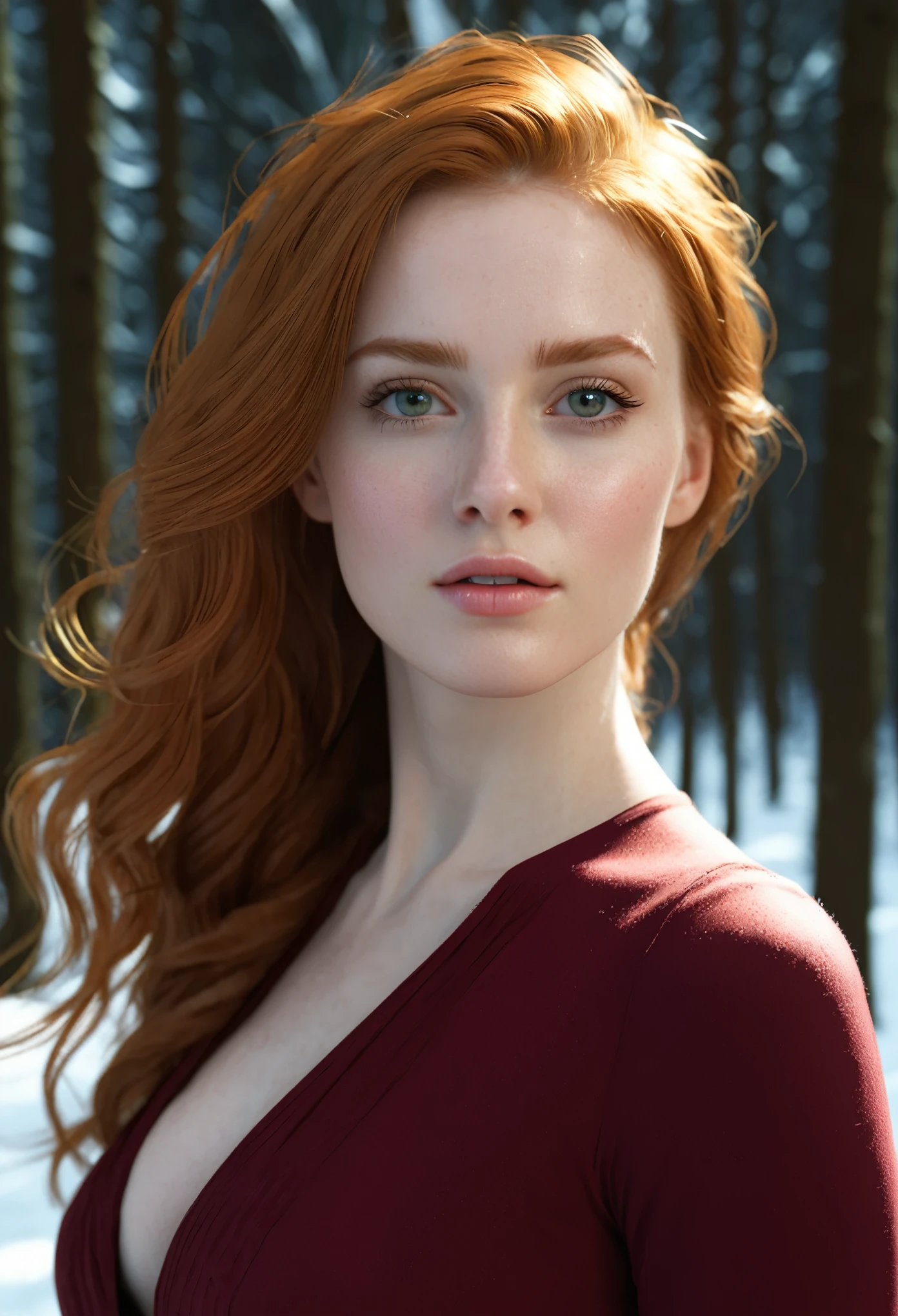 masterpiece, highest quality, 8k, Real person, Realistic, Extremely dense CG, Shiny skin, Fully focused, heaven, The Glory of God, Shine, Angel, bless, happiness,nsfw:1.5, masterpiece, top quality, high quality, high definition, high quality textures, high quality shadows, high definition, beautiful details, highly detailed cg, detailed textures, facial realism, realistic, colorful, delicate, cinematic lights, sidelight, lens flare, ray tracing, (detailed, PureErosFace_V1:0.5), (detailed, PureErosFace_V1:0.3), (detailed, PureErosFace_V1:0.3), (detailed, PureErosFace_V1:0.3), (detailed, PureErosFace_V1:0.3) Sharp Focus, (1girl, __focus__:1.3), (complex details, makeup, PureErosFace_V1:0.5), (detailed beautiful delicate face, detailed beautiful delicate eyes, perfect facial proportions, detailed skin, detailed skin, optimal ratio of 4 fingers and 1 thumb Perfect proportions, arms under chest, medium large breasts, wide hips, smooth upper abdomen, skinny, __fashion__, __hair__:1.3), __location__, no hands, European woman close-up, ginger hair, winter forest, natural skin textures, 24mm, 4K textures, Soft cinematic light, RAW photography, photorealistic, photorealistic, complex, elegant, very detailed, sharp focus, (((cinematic look))), subdued tones, insane detail, complex detail, super detailed, low contrast, soft cinematic like light, dim colors, exposure blending, HDR, fading,