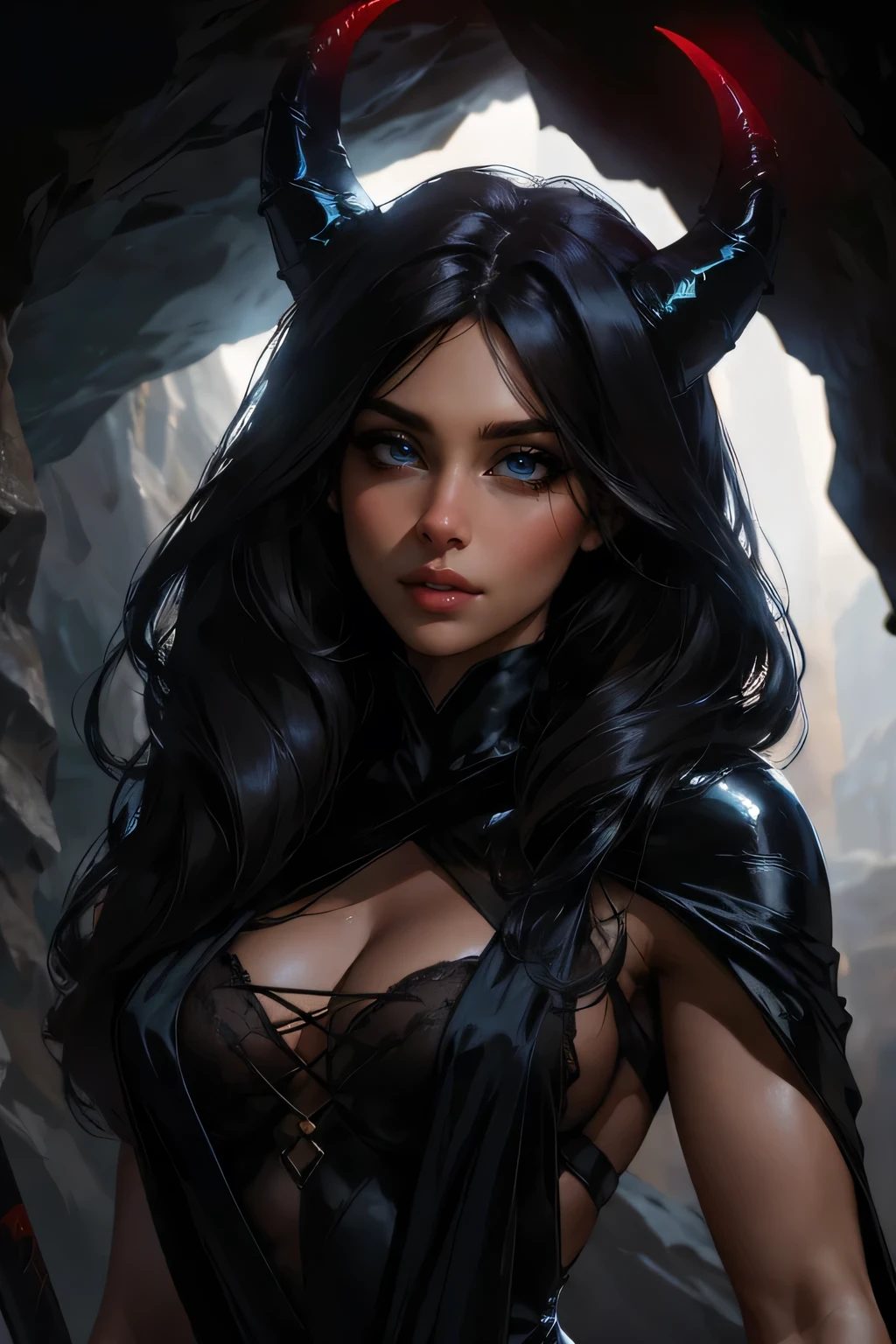 Masterpiece, Sarah Shahi, upper body shot, standing in dark cave, wearing black sexy silk dress, horns on head, perfect detailed eyes, red lips, fog, evil face,