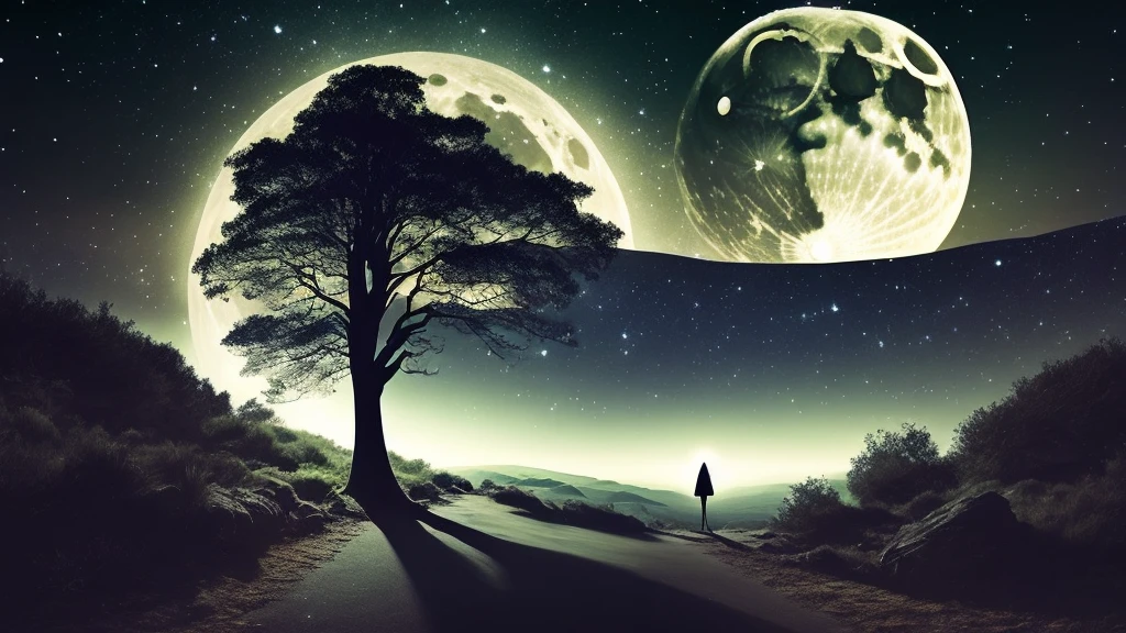 Under the cover of night, a crescent moon hangs in the sky, casting a dim light over the shadow-shrouded landscape. Its pale rays illuminate the path of a lone figure who ventures through the darkness, as shadows dance around him. The moon, an ancient symbol of renewal and mystery, lends a magical aura to the gloomy environment, revealing just enough to spark curiosity. As its soft glow caresses the landscape, hidden secrets come to life, waiting to be discovered by those brave enough to explore beyond the veil of night.
