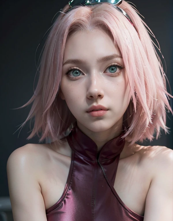 young woman, short shoulder-length pink hair, wide forehead, porcelain skin, pink eyebrows, big emerald green eyes, buttoned nose, full lips, heart-shaped face, slender body, small breasts, red tank top, Sakura Haruno , realistic, realism, details, 3d, well detailed