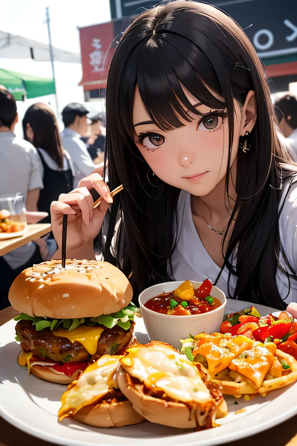 highest quality、High resolution、Detailed Background、(Beautiful face in every detail:1.4)、Anatomically correct、(Draw the usual number of fingers:1.2)、(Detailed facial expressions)、(Detailed eyes:1.2)、(Detailed eyes:1.2)、Beautiful, smooth skin、age beauty、(Three Women)、(Huge breasts:1.2)、(Highly detailed face:1.4)、Cute color hair color、Bobcut、Braided long hair、Wavy Hairstyle、well-groomed eyebrows、Perfect body line、Sailor suit、White sailor collar、Checkered pleated skirt、White knee-high socks、In a joking manner、Food Festivals、Cowboy Shot、

(Two beautiful girls enjoying Food Festivals:1.5)、

Food festivals are often held in parks, event spaces, outdoor venues, and other locations that require a lot of space.、Sometimes it is held in urban areas or tourist spots.、

Popular local restaurants, famous restaurants, food trucks, etc.々Many restaurants will participate、
Gourmet bloggers and chefs gather here, so you can enjoy a wide variety of cuisine.、

A variety of dishes are offered、Burgers and pizza、Taco、curry、fried chicken、Okonomiyaki、waffle、Ice cream and other products from Japan and overseas々You can enjoy a wide variety of cuisines、

Food Festivals are popular events and are expected to be crowded.