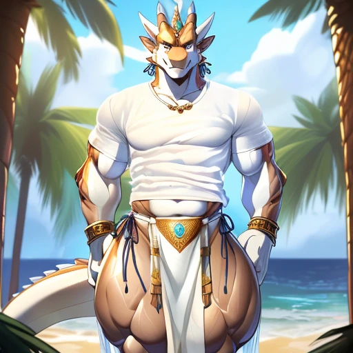 hi res,(((dragon, furry))), ( ), anthro, , , ((((long loincloth)))), ((((lingerie bikini, s\ex\y bikini, side-tie panties, tiny black thong)))), (((( male, , anthro, slim, skinny, )))), male, , anthro, , slim, Skinny, tail, adults, mature, (((male))), (((((((((solo))))))))) outside, plant, standing, sea, tree, (water), detailed background,by milkytiger1145,by takemoto arashi,by null-ghost, cold atmosphere, open smile, soft blush, , (((((((((((wearing white tshirts))))))))))), (((((((((muscular thighs, thick thighs, wide hips))))))))), (((((golden accessory, loincloth accessory, loincloth jewelry, jewels and ornaments for loincloth, s\ex\y loincloth, belly dancer outfit, long pelvic curtain, narrow loincloth)))))