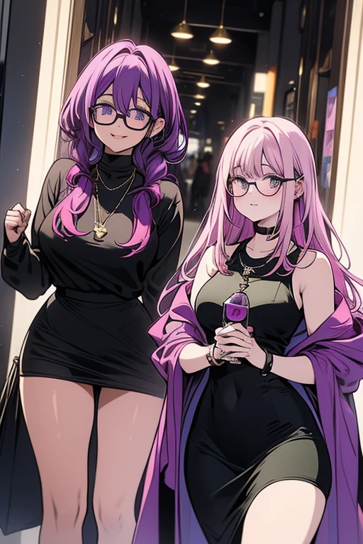 a green haired woman with purple eyes with an hourglass figure with glasses in a purple sweatshirt dress is shopping with a pink haired woman with violet eyes and an hourglass figure
