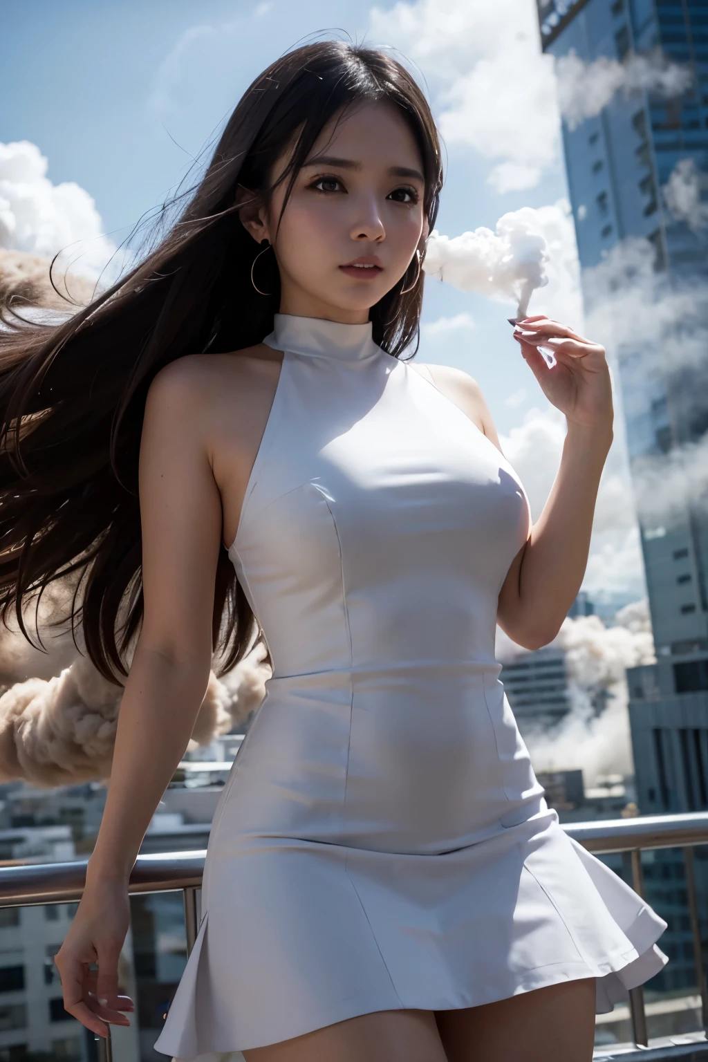 Giantess usando vestido curto, GTS cidade do ano 3333, City buildings, smoke billowing, nuvem, tornado, raios, Evil, realistic lighting, salto em altura, de baixo, aves voando,