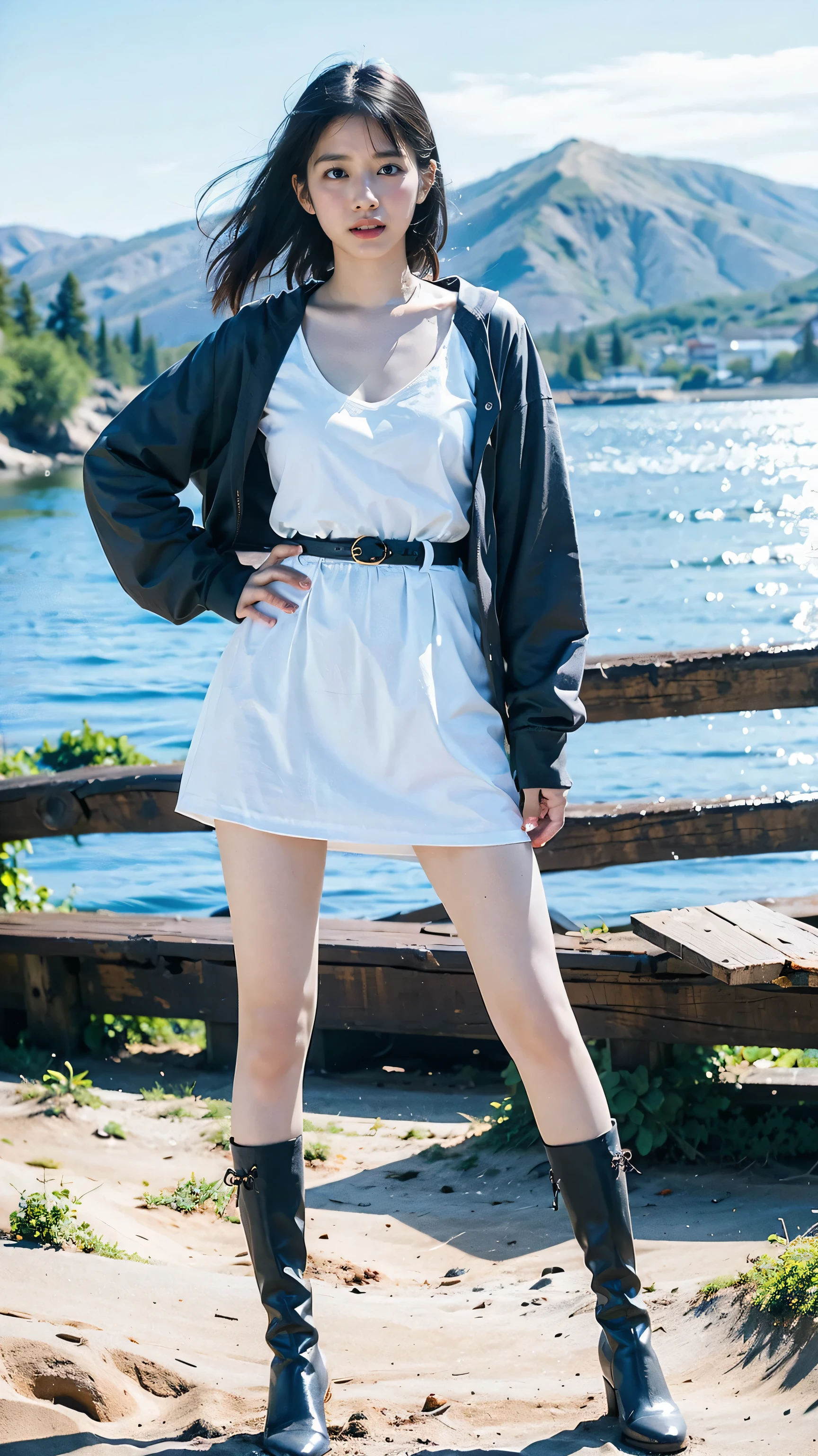(8k、RAW Photos、highest quality、masterpiece:1.2)、(Realistic、Realistic)、1 girl、((Black and white dress、Gold Belt、See-through、boots、erupt、Large Breasts、View from the front、Cute Costumes、Standing with hands on hips))