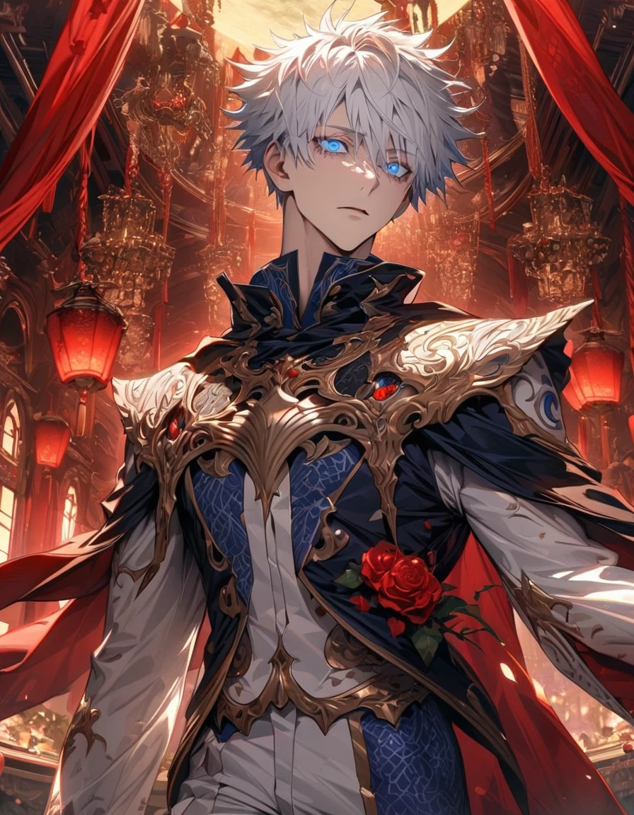absurdres, highres, ultra detailed, HDR, masterpiece, extremely detailed face and eyes, beautiful eyes, amazing detailed eyes, extremely detailed features, Gojo Satoru, expressive blue eyes, white eyelashes, white short hair with bangs, hair between the eyes, Jujutsu Kaisen, solo, man, handsome, fantasy world, red roses, red curtains, shining red lanterns, chandelier, sky, moon, fantasy white prince clothes, white pants, red cape, patterns