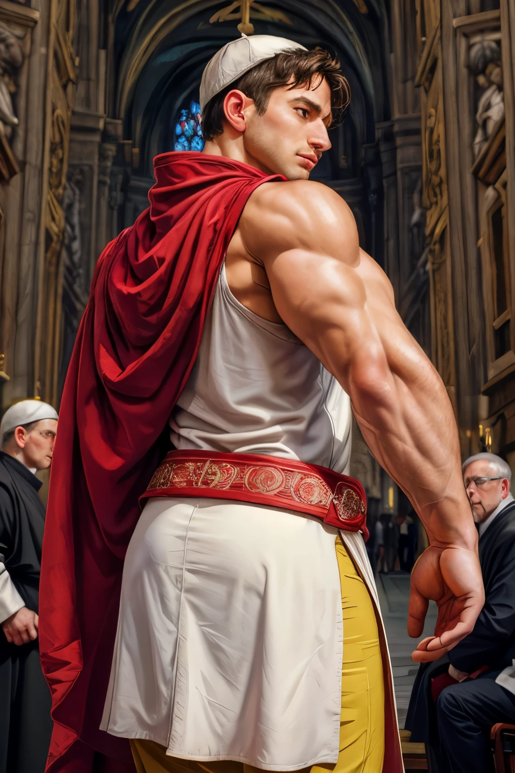 looking back, DariusFerdynand wearing well-fitted sleeveless red and white sheer tight Roman-Catholic-pope robe-armor, looking at viewer, peaceful and righteous expression, dynamic pose BREAK St. Peter's Basilica, Vatican, BREAK heroic, religious motifs, Chiaroscuro, Renaissance art, ecclesiastical power, BREAK realistic, cinematic, best quality, detailed background, depth of field, intricate details