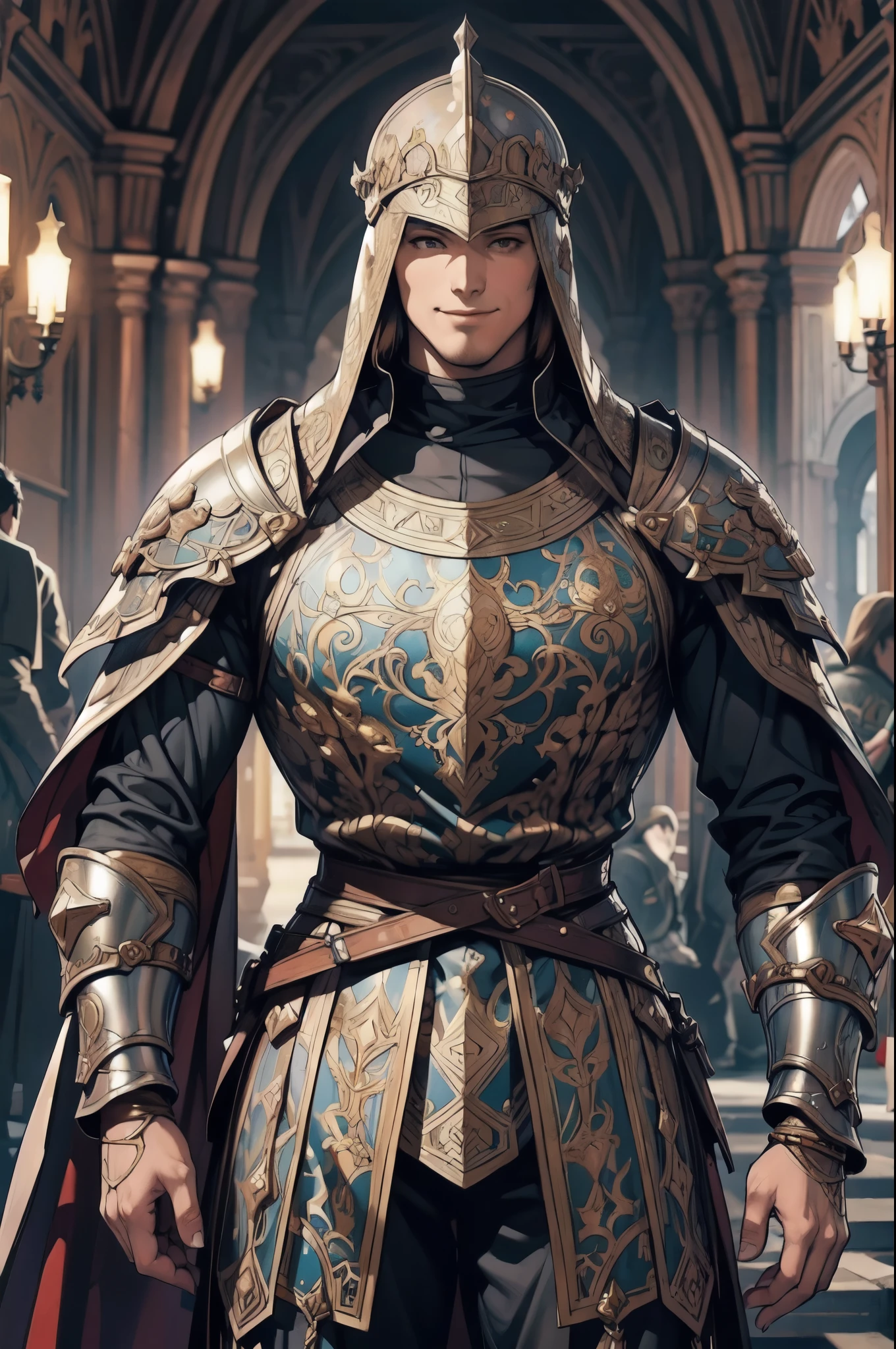 muscular man with a full view,poses,Arcaniic smile,(Medieval soldier),(Mucha in the background)