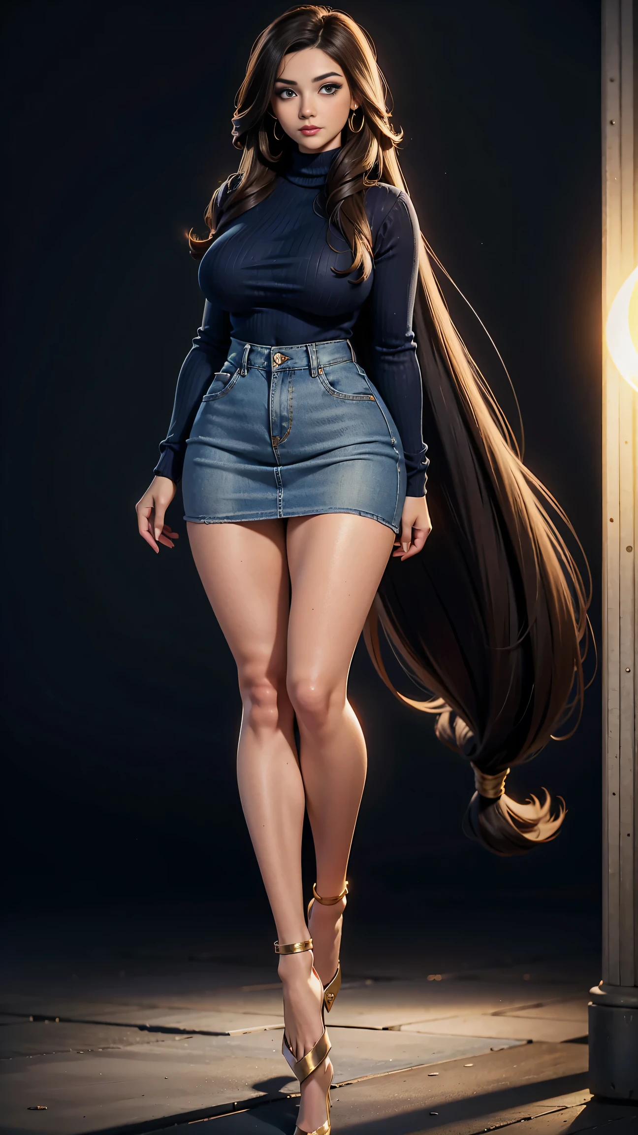 Full body shot of 1 beautiful woman, adult, large body, voluptuous woman, (very long straight hair),( brunette hair), outlined eyelids, made-up eyelids, turtleneck sweater, scarf, neckline, (blue mini denim skirt), tempting , dreaming, curvy hourglass figure, oppai proportion, tight skirt , tall, tall, long legs