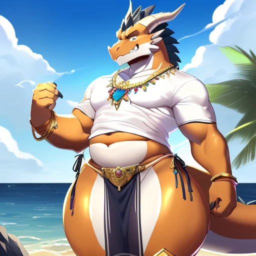 hi res,(((dragon, furry))), (  ), anthro, , , ((((long loincloth)))), ((((lingerie bikini, s\ex\y bikini, side-tie panties, tiny black thong)))), (((( male,  , anthro, slim, skinny, )))), male, , anthro, , slim, Skinny, tail, adults, mature, (((male))), (((((((((solo))))))))) outside, plant, standing, sea, tree, (water), detailed background,by milkytiger1145,by takemoto arashi,by null-ghost, cold atmosphere, open smile, soft  blush, , (((((((((((wearing white tshirts))))))))))), (((((((((muscular thighs, thick thighs, wide hips))))))))), (((((golden accessory, loincloth accessory, loincloth jewelry, jewels and ornaments for loincloth, s\ex\y loincloth, belly dancer outfit, long pelvic curtain, narrow loincloth)))))