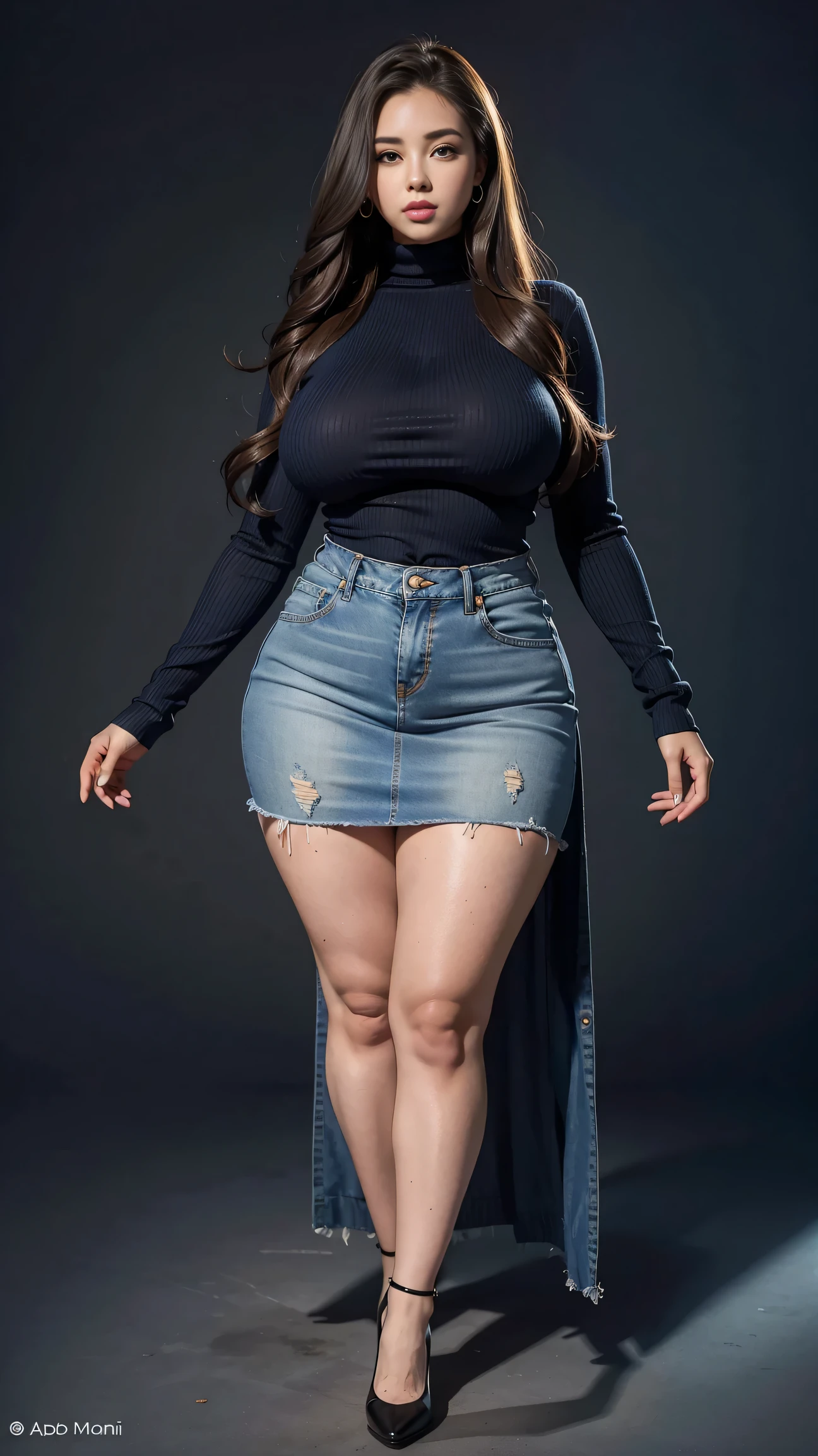 Full body shot of 1 beautiful woman, adult, large body, voluptuous woman, (very long straight hair),( brunette hair), outlined eyelids, made-up eyelids,  turtleneck sweater,  scarf, neckline, (blue mini denim skirt),  tempting , dreaming, curvy hourglass figure, oppai proportion, tight skirt , tall, tall, long legs