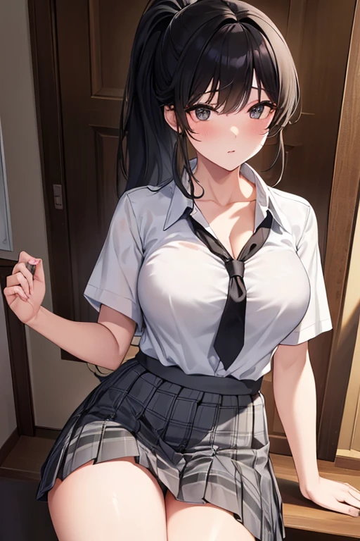 (masterpiece:1.5, highest quality), Beautiful illustrations, whole body, 1 girl, Japanese, high school girl, (肩まであるBlack Hair), Hair fluttering, (Ponytail), Large Breasts:1.3, Beautiful Hair, Beautiful Face, Beautiful fine black eyes, Beautiful clavicle, Beautiful body, Beautiful breasts, Beautiful thighs, Beautiful feet, Beautiful fingers, (Beautiful views), School, ((Collared short-sleeved shirt, White shirt, Grey plaid pleated skirt, Black Derby Tie)), Black Hair, cool, Cleavage, Details, height:0.7