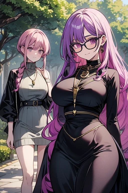a green haired woman with purple eyes with an hourglass figure with glasses in a purple sweatshirt dress is posing  with a pink haired woman with violet eyes and an hourglass figure in the park
