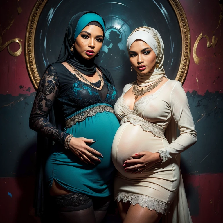 {Perfect Details: (((2 girls:1.5, girls artsy women))) pregnant 9 month (((perfect pregnant))) Malaysian girl ,malay, The whole body consists of a young girl with hijab, Eye makeup, 21yo, Cat ears, Soft lighting, Solo, Wear shabby clothes, Dirty, Tattered futuristic military uniform, Cat's paw badge, Pose, spot color, rendering by octane, Ultra-realistic intricate details, Cinematic, 8K resolution, 70mm, emphasis lightings, (((2 girls:1.5, girls standing))) Setting background: Basquiat graffiti wall background,Graffiti artist, urban walls, spray paint cans, bold colors, rebellious strokes, street gallery, artistic , night shadows, public expression, aerosol mastery, layered stencils, cultural messages, graffiti tags, creative risks, vibrant visuals, underground recognition, impactful designs, urban transformation. Art by Mschiffer, (((Woman with hijab style, hijab with sexy dress)), (lace stockings), (((Wearing: diamond necklace and earrings))). RAW photo, full sharp, detailed face (high detailed skin:1.2), 8k uhd, dslr, soft lighting, high quality, film grain, Fujifilm XT3, (extremely beautiful face, sexy lips, beautiful red lips, Clear eyes, beautiful eyes), (big green eyes), pretty girl, face forward, intricate detail face, ((ultra detailed skin)) (skin texture, film grain), Detailed beautiful face, natural tpose, natural facial expression, (((Straight breasts))), Surreal full-body figure, Beautiful and delicate body and face, gorgeous figure, ssmile, Titillating,Surreal full-body figure,Beautiful and detailed body and face, Super vista, White skin of the, vivd colour,🔥8k, masterpiece, RAW photo, best quality, (18k detail:1.2), photorealistic, extremely, deep shadow, earrings, bracelets, necklace,