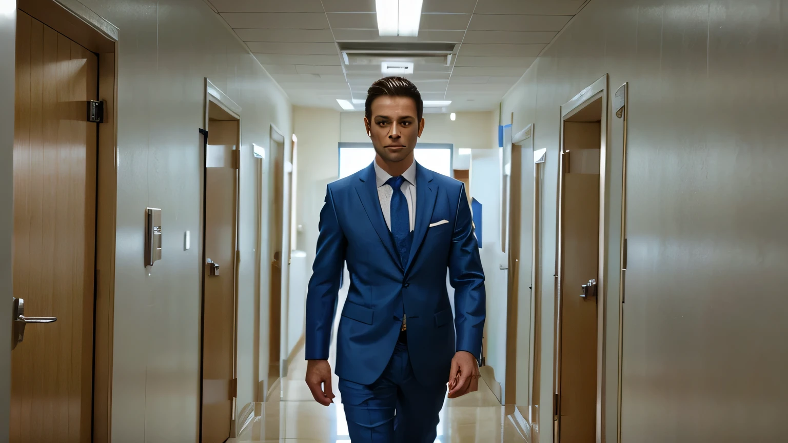 Draw me an image of a guy wearing an elegant suit with flowing hair swept back and blue eyes standing in front of the hospital room door.