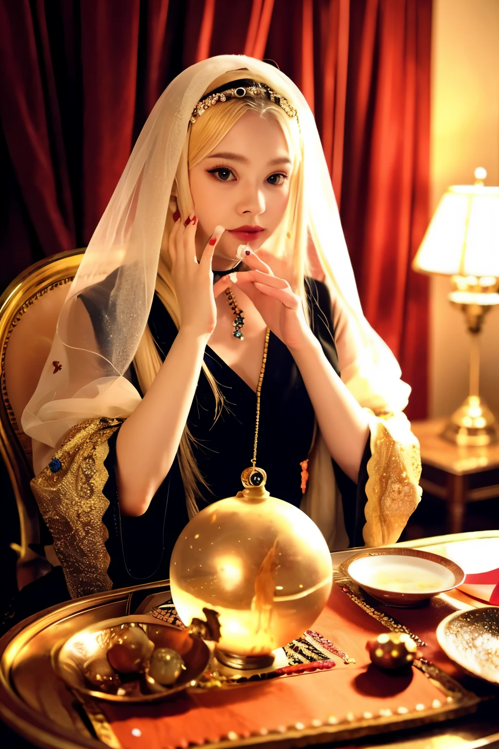 A cute female cat with pale yellow hair and round eyes.1There are animals。He is sitting in a chair and holding his hand over a crystal ball on his desk.。She is dressed like a fortune teller and is wearing a veil.。 anime photography