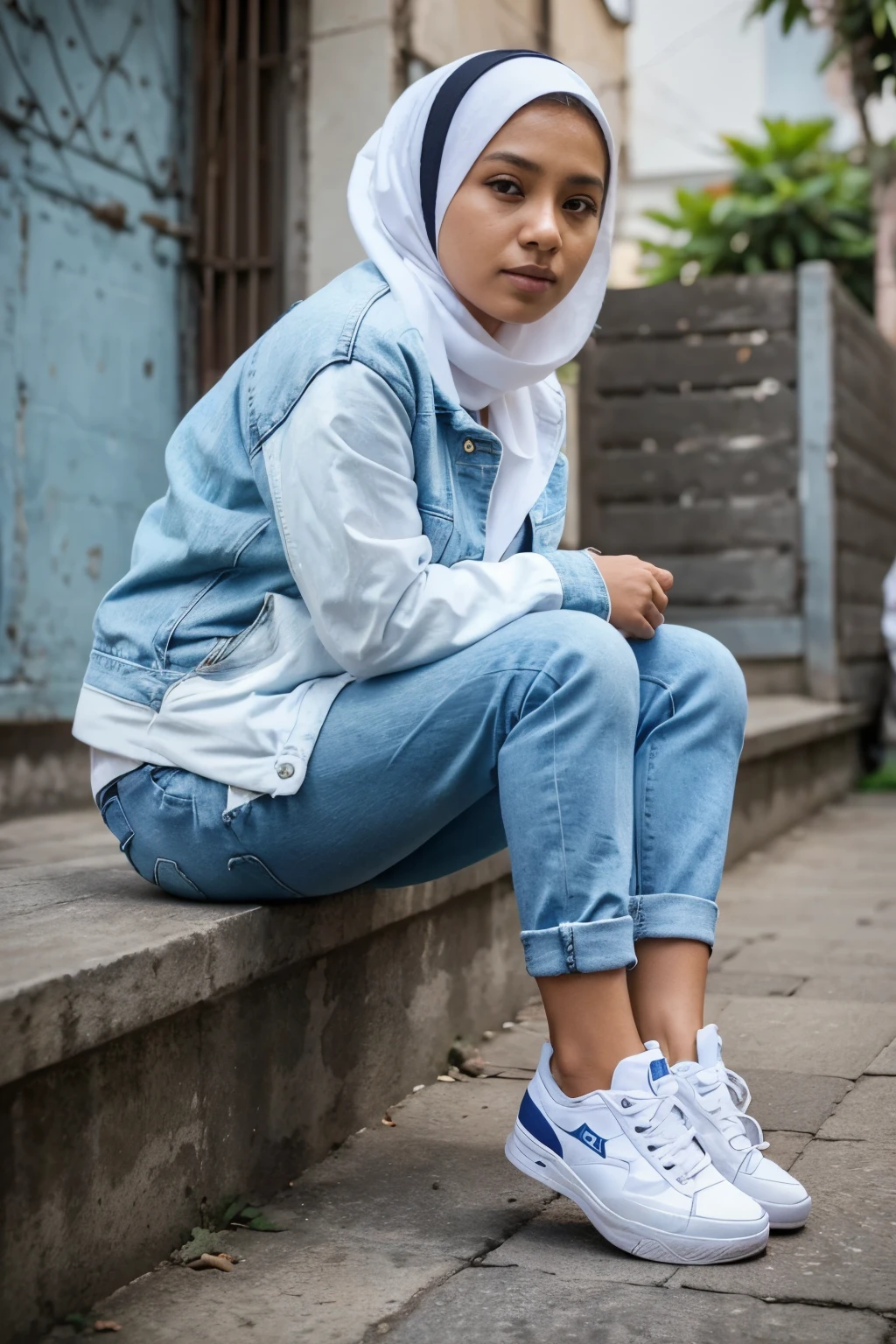 Create a photo of a 30 year old Muslim woman from Indonesia sitting on the Facebook social media logo wearing white sneakers, blue denim jacket, white jeans, background on a Facebook social media page with the name "Okta". Various social media elements are visible including profile photos, number of friends, and posts, realistic original photos.