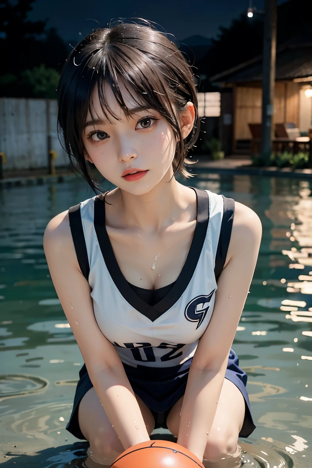 Best quality,raw photo  ,  Japanese female idol, from above , face focus , face closeup  breast cleavage,selfie, leaning forward, Squatting ,red basketball uniform ,Short hair, bowl cut ,cute face  ,edgy,droop ,clavicle,murky water , overflowing  ,wet ,selfie, pale skin, rain,night, 