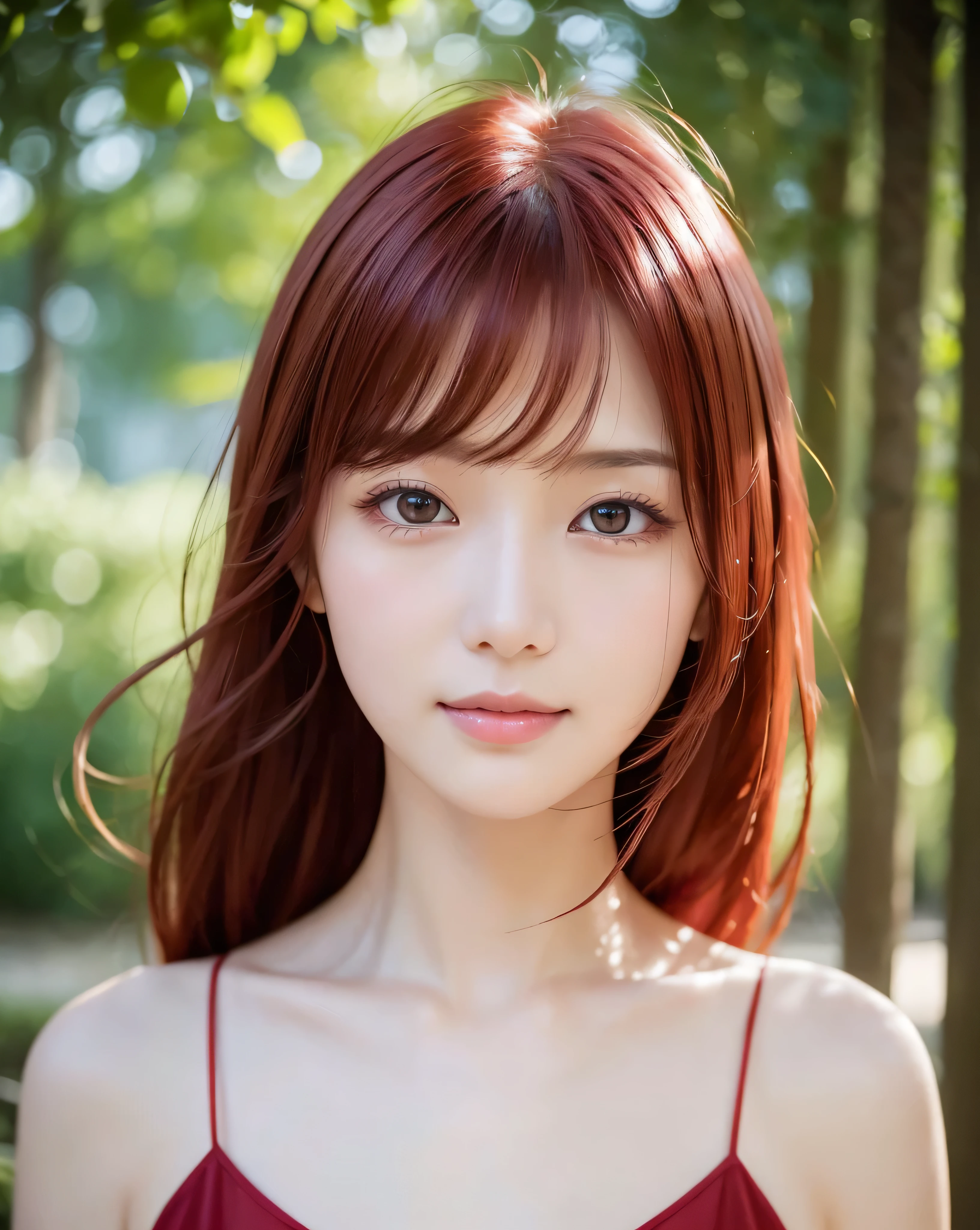 (highest quality, 32k, High resolution, masterpiece:1.5, ), A haunting fantasy photograph in abstract style, In a swirl of fantastic pastel colors and soft light, Evoking a soothing tranquility and elusive beauty, Expressing emotions, Have a rich imagination, Cute Japanese Girls, An exceptionally beautiful face, whole body, slouch, Perfect Human Anatomy, Magical big eyes, A kind smile, motherhood and tolerance, ((Shiny Red Hair)), Beautifully styled thin and delicate medium length hair, Beautiful asymmetrical bangs, Hair between the eyes, Transparent and soft white skin, Neat, thin eyebrows, double eyelid, Pale pink lips, ((Red see-through transparent camisole,)), High resolution perfect clavicle, Beautiful chest in high resolution, Slender body with ample breasts, High resolutionの美しい太もも, Soft sunlight, Professional Lighting, Professional Photographer, Professional Model,mysterious