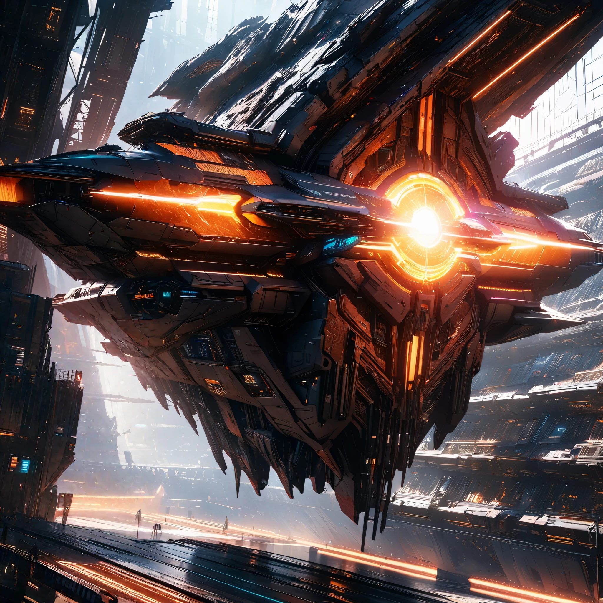 A massive warship floating in space, futuristic sci-fi elements, rich in detail, outstanding lighting effects, set in the cosmos.
Medium:(digital illustration:1.1)
Additional Details: Intricate mechanical design, glowing energy cores, intricate paneling, sleek metallic surfaces.
Image Quality: (best quality,4k,8k,highres,masterpiece:1.2), ultra-detailed, (realistic,photorealistic,photo-realistic:1.37), HDR, studio lighting, extreme detail description.
Art Style: sci-fi, concept art
Color Palette: cosmic blues, deep space blacks, vibrant energy highlights.
Lighting: dramatic shadows, bright highlights, dynamic light sources.