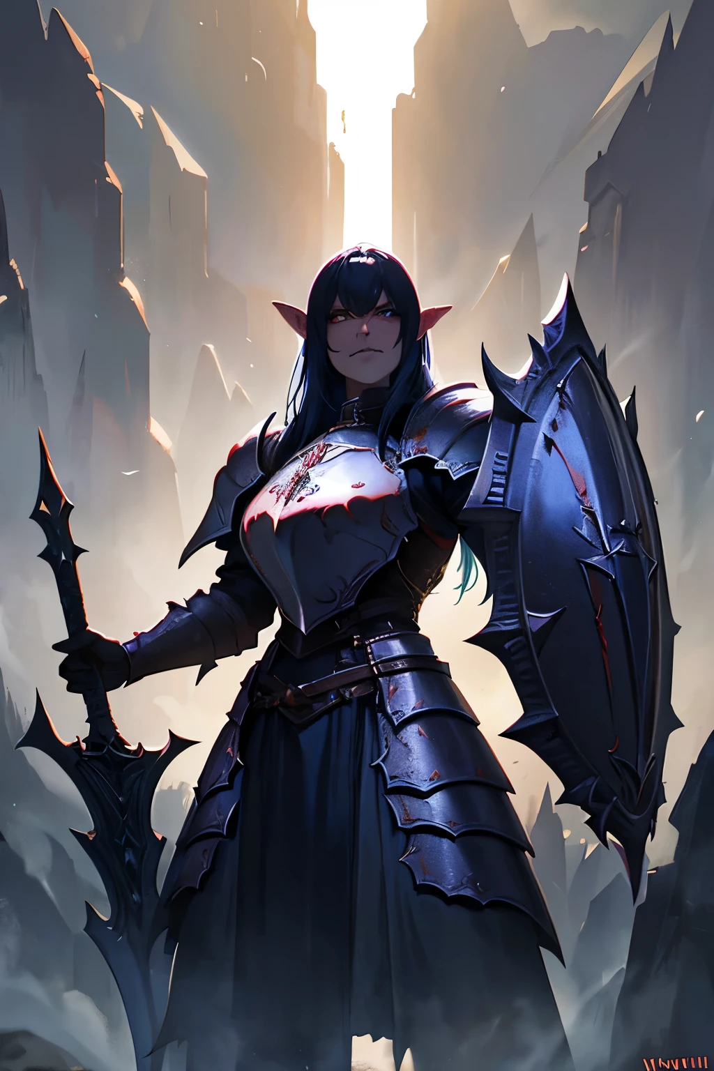 Stable Diffusion prompt: tall gorgeous Female hobgoblin warrior, pointy ears, big fangs, holding a big sword, heavy shield, dark plate armor, symmetrical, highres, ultra-detailed, realistic, concept artist, vivid colors, moody lighting.