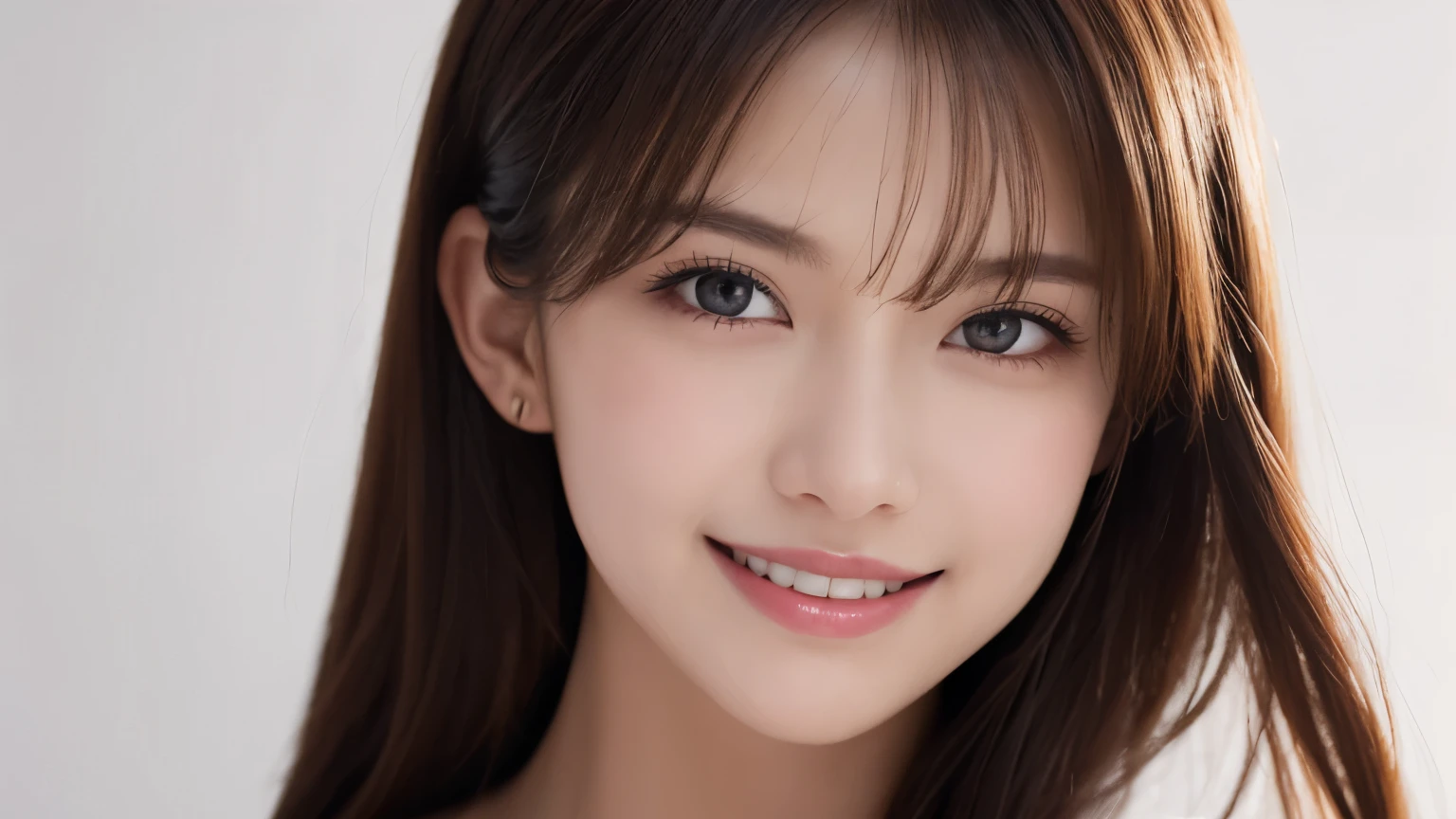 One Girl, (Dress in trendy fashion:1.2), (RAW Photos, highest quality), (Realistic, Photorealistic:1.4), Tabletop, Very delicate and beautiful, Very detailed, 2k wallpaper, wonderful, In detail, Very detailedな CG Unity 8K 壁紙, Very detailedな, High resolution, Soft Light, Beautiful detailed girl, looking at the camera、Very detailedな目と顔, Beautifully detailed nose, Beautiful fine details, Long Hair, small, High-brand dresses、White background、Background is white、Cinema Lighting, Perfect Anatomy, Slender body, smile, 