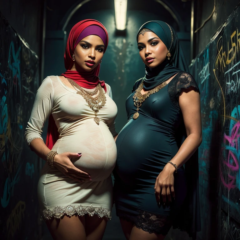 {Perfect Details: (((2 girls:1.5, girls artsy women))) pregnant 9 month (((perfect pregnant))) Malaysian girl ,malay, The whole body consists of a young girl with hijab, Eye makeup, 21yo, Cat ears, Soft lighting, Solo, Wear shabby clothes, Dirty, Tattered futuristic military uniform, Cat's paw badge, Pose, spot color, rendering by octane, Ultra-realistic intricate details, Cinematic, 8K resolution, 70mm, emphasis lightings, (((2 girls:1.5, girls standing))) Setting background: Basquiat graffiti wall background,Graffiti artist, urban walls, spray paint cans, bold colors, rebellious strokes, street gallery, artistic , night shadows, public expression, aerosol mastery, layered stencils, cultural messages, graffiti tags, creative risks, vibrant visuals, underground recognition, impactful designs, urban transformation. Art by Mschiffer, (((Woman with hijab style, hijab with sexy dress)), (lace stockings), (((Wearing: diamond necklace and earrings))). RAW photo, full sharp, detailed face (high detailed skin:1.2), 8k uhd, dslr, soft lighting, high quality, film grain, Fujifilm XT3, (extremely beautiful face, sexy lips, beautiful red lips, Clear eyes, beautiful eyes), (big green eyes), pretty girl, face forward, intricate detail face, ((ultra detailed skin)) (skin texture, film grain), Detailed beautiful face, natural tpose, natural facial expression, (((Straight breasts))), Surreal full-body figure, Beautiful and delicate body and face, gorgeous figure, ssmile, Titillating,Surreal full-body figure,Beautiful and detailed body and face, Super vista, White skin of the, vivd colour,🔥8k, masterpiece, RAW photo, best quality, (18k detail:1.2), photorealistic, extremely, deep shadow, earrings, bracelets, necklace,