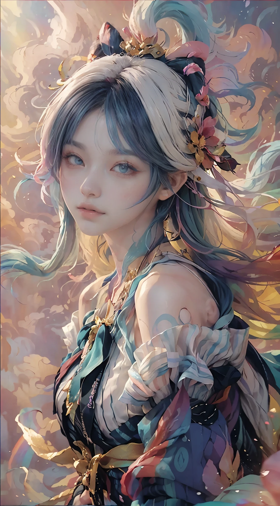 Big watery eyes, (rainbow hair: 1.6), color splash, (solo:1.8), (elegant: 1.2), gorgeous, long hair, wind, (elegant: 1.3), (petals: 1.4), ((masterpiece))), ((best quality)), (ultra-detailed), (illustration), (dynamic angle), ((floating), (paint), ((loose hair)), (solo), (1girl), ( ( ( (detailed anima face)))), ((beautiful detailed face)), collar, bare shoulders, white hair, ((colored hair)), ((striped hair)), beautiful detailed eyes, ((gradient eyes), (colored eyes))), (white cloud background))), (high saturation))), ((surrounded by colorful splashes))