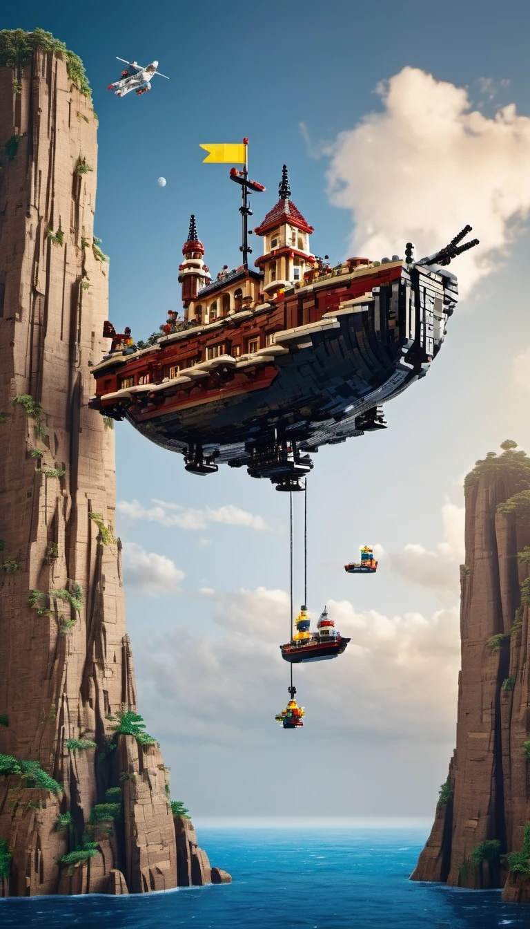 (best quality, high resolution, Lego ship floating in the sky,cliff