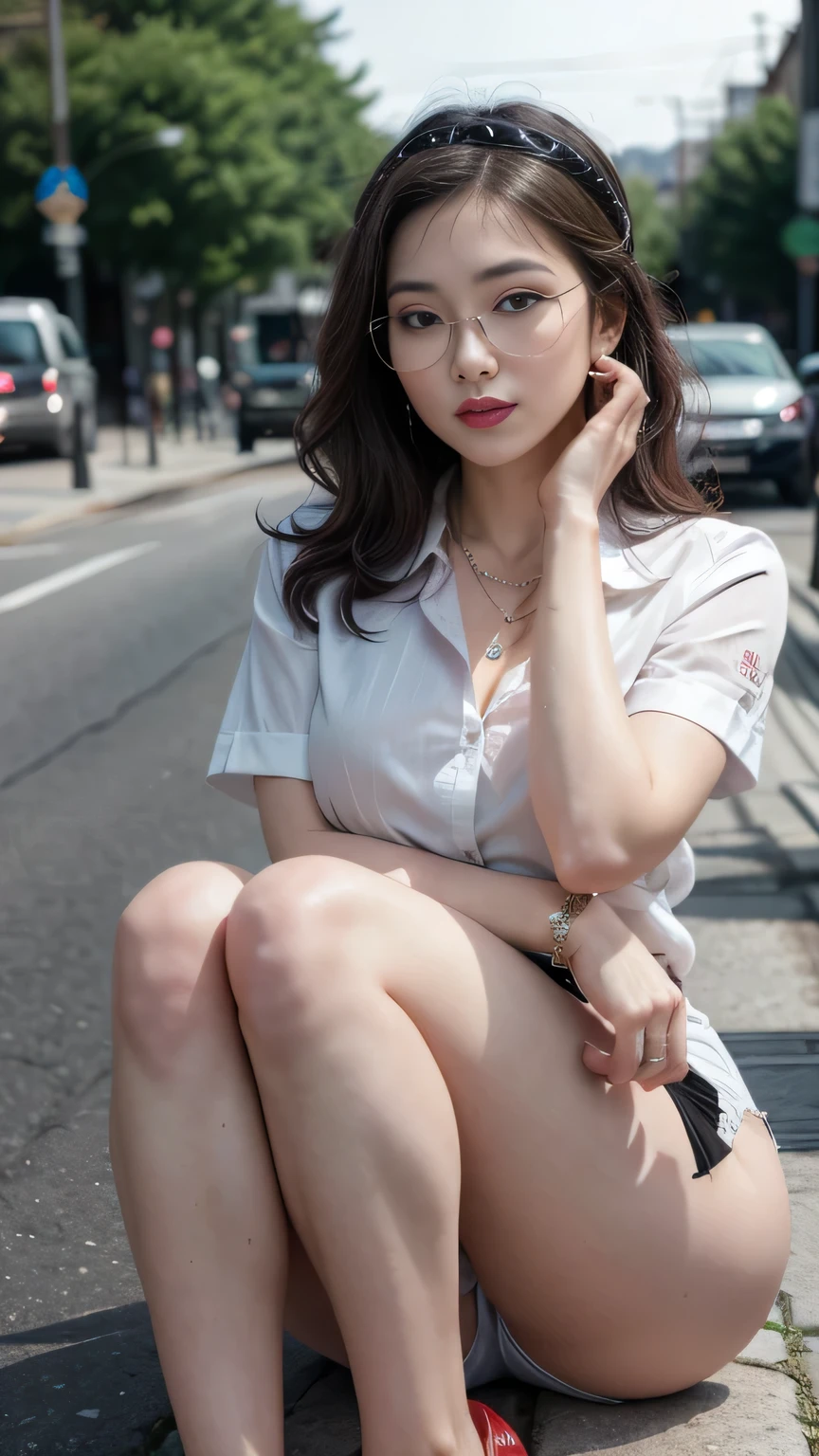 (Highest image quality:1.35), high quality, (8k:1.3), Realistic photos, (A beautiful woman:1.33), (Muscular body:1.2)，(Depth of field/1.8), (looking at camera:1.35), Clear focus, (Muscular thighs:1.4), Original Photography, (Stroboscopic photography:1.5）， Super Detail, High Detail, high quality, high resolution, (From head to knees:1.4), Masterpiece of art, exquisite work, high quality, and realistic details. In the center of the scene is a lady with wavy hair, a headband, square-framed glasses, filled eyebrows, blush, eyeshadow, heavy makeup, and red lips. She is dressed in a business suit with a thousand bird pattern, a white silk shirt, and wears black pleated shorts, tight stockings, black silky tights, and high heels. Her skin is fair and delicate, she sports a Rolex watch, pearl necklace, hand chain, and wedding ring. With her voluptuous thighs and slender body,spread legs.big breasts。sitting on the middle street