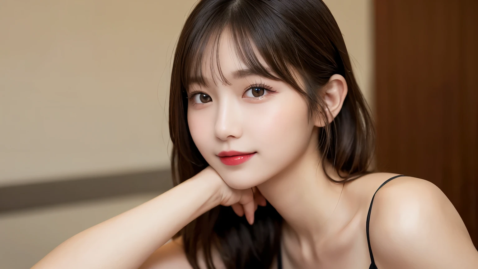On the table, best quality, shape, Ultra Detailed, Finely, high resolution, 8k wallpaper, 完璧なダイナミックな構shape, Beautiful and delicate eyes, Medium Length Hair, Large Breasts, Natural lipstick, casual sexy pose,Smile,20 year old girl、midnight、Beautiful and detailed face、Perfect beautiful face,big eyes、original photo、Expressing female posture using the whole body、Beautiful and delicate eyes、Small face、Beautiful duplex、Facelift and style,Bikini、Beautiful golden ratio face,Double ponytail hairstyle
