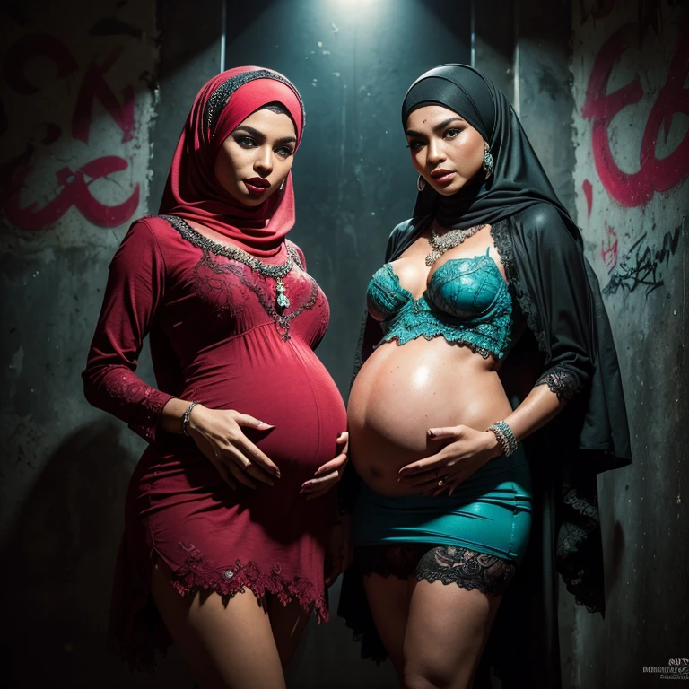 {Perfect Details: (((2 girls:1.5, girls artsy women))) pregnant 9 month (((perfect pregnant))) Malaysian girl ,malay}, The whole body consists of a young girl with hijab, Eye makeup, 21yo, Cat ears, Soft lighting, Solo, Wear shabby clothes, Dirty, Tattered futuristic military uniform, Cat's paw badge, Pose, spot color, rendering by octane, Ultra-realistic intricate details, Cinematic, 8K resolution, 70mm, emphasis lightings, (((2 girls:1.5, girls standing))) Setting background: Basquiat graffiti wall background,Graffiti artist, urban walls, spray paint cans, bold colors, rebellious strokes, street gallery, artistic , night shadows, public expression, aerosol mastery, layered stencils, cultural messages, graffiti tags, creative risks, vibrant visuals, underground recognition, impactful designs, urban transformation. Art by Mschiffer, (((Woman with hijab style, hijab with sexy dress)), (lace stockings), (((Wearing: diamond necklace and earrings))). RAW photo, full sharp, detailed face (high detailed skin:1.2), 8k uhd, dslr, soft lighting, high quality, film grain, Fujifilm XT3, (extremely beautiful face, sexy lips, beautiful red lips, Clear eyes, beautiful eyes), (big green eyes), pretty girl, face forward, intricate detail face, ((ultra detailed skin)) (skin texture, film grain), Detailed beautiful face, natural tpose, natural facial expression, (((Straight breasts))), Surreal full-body figure, Beautiful and delicate body and face, gorgeous figure, ssmile, Titillating，Surreal full-body figure，Beautiful and detailed body and face, Super vista, White skin of the, vivd colour,🔥8k, masterpiece, RAW photo, best quality, (18k detail:1.2), photorealistic, extremely, deep shadow, earrings, bracelets, necklace,