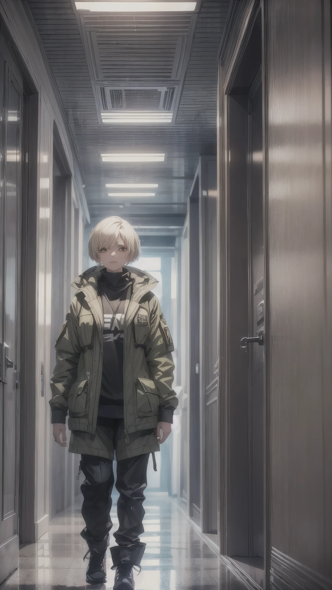 ((Inside the complicated room,dim rooms,)),one woman,20 years old woman,she’s wearing army style clothes,short blonde hair,she’s walking the corridor