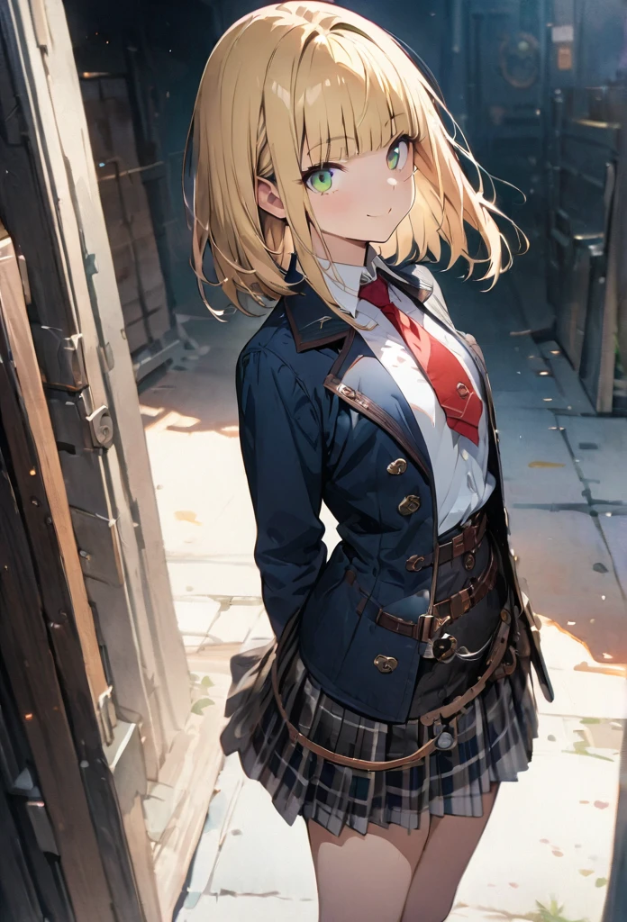 (masterpiece:1.3), (best quality:1.2), (illustration:1.2), (ultra detailed:1.2), (pixiv:1.4),
ultra high res, watercolor, a girl with blonde and long blunt bangs hair and green eyes,Navy blue blazer, white shirt, red ribbon tie, navy and white checked skirt,BREAK,
(masterpiece:1.3), (best quality:1.2), (illustration:1.2), (ultra detailed:1.2), (pixiv:1.4),
ultra high res,looking at viewer
,fullbody shot, (masterpiece)1.3, anime visual, flat chest,slim, BRAKE, Slender, Steampunk, smiling, Morning Greetings,