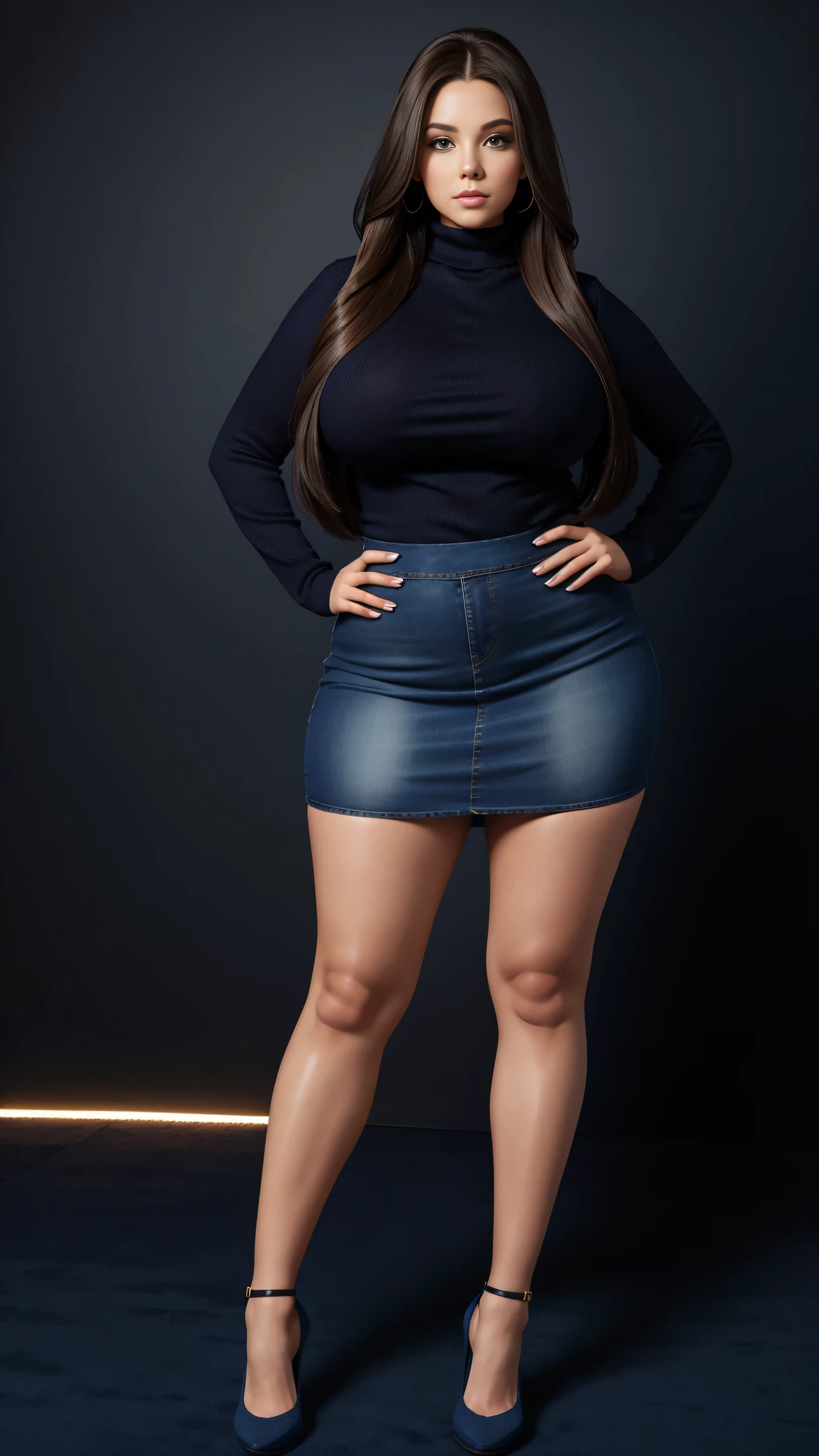 Full body shot of 1 beautiful woman, adult, large body, voluptuous woman, (very long straight hair),( brunette hair), outlined eyelids, made-up eyelids,  turtleneck sweater,  scarf, neckline, (blue mini denim skirt),  tempting , dreaming, curvy hourglass figure, oppai proportion, tight skirt , tall, tall, long legs