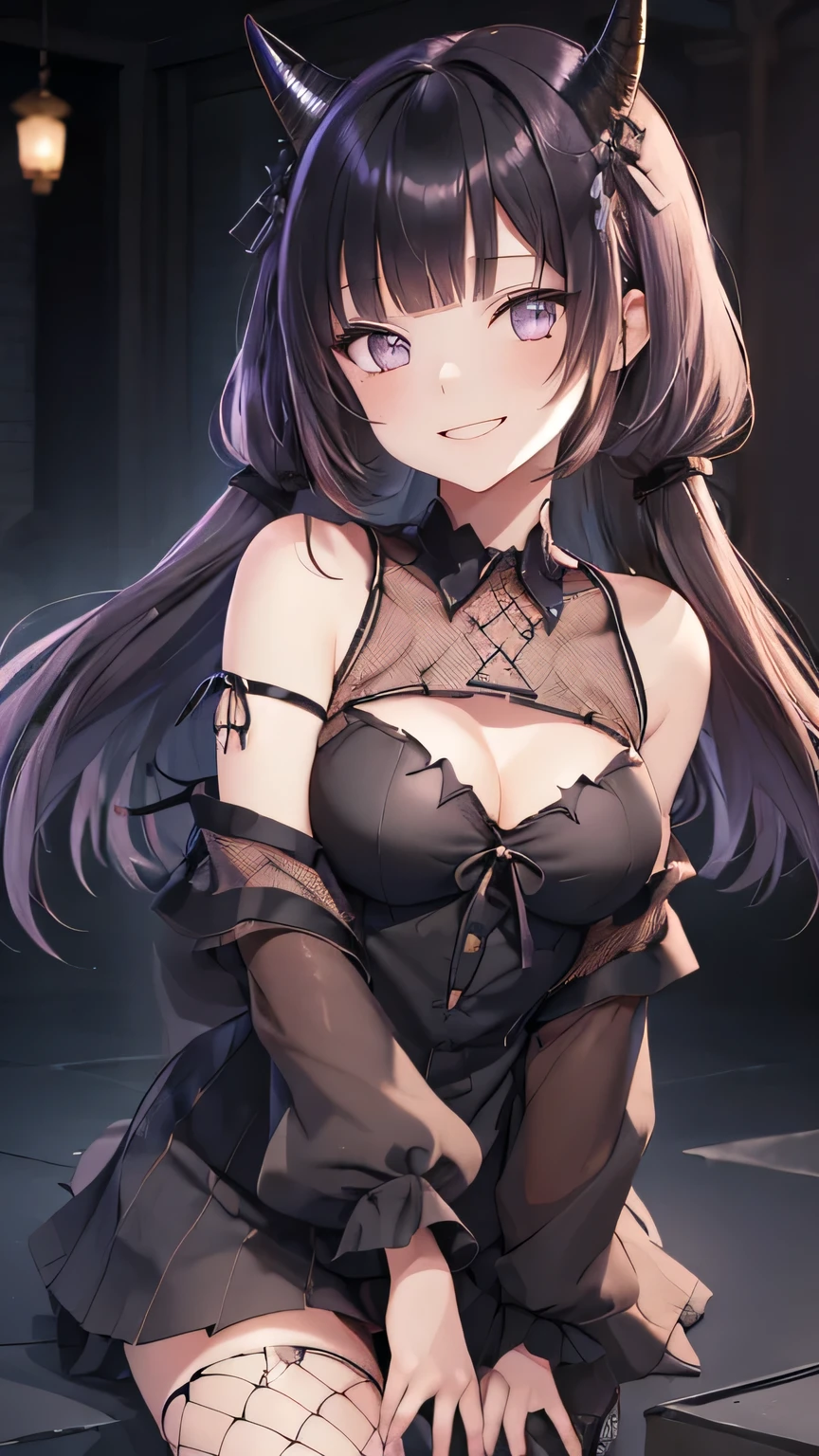 beautiful, masterpiece, highest quality, HiqCG Body, anime, (1 Girl:1.5), (Small breasts:1.2), View your viewers,Wet Skin, horn,Intricate details, Little Woman, Her eyes were shining like dreamy stars.,(Shining Eyes:1.3),(Beautifully detailed eyes:1.1)、[[Delicate fingers and hands:0.55]::0.85],(Detailed reference),(Eyes are bright purple,(Sharp Eye:1.3), (tsurime:1.5), Twin tails,Straight Hair,(Asymmetrical bangs:1.2),(Blunt Bangs:1.3), (hairpin:1.2), ta, Young face,Childlike,Small devil,Succubus,Vampire,Double teeth,Small horn), (Black fishnet top:1.5),(Disheveled clothing:1.5),(yandere:1.1),(yandere smile:1.3),(smirk:1.3) ,(Sharp Eye:1.3),horn,Eyes are bright purple,