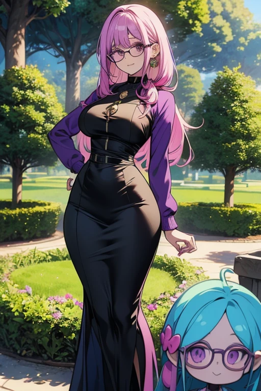 a green haired woman with purple eyes with an hourglass figure with glasses in a purple sweatshirt dress is posing with a pink haired woman with violet eyes and an hourglass figure in the park
