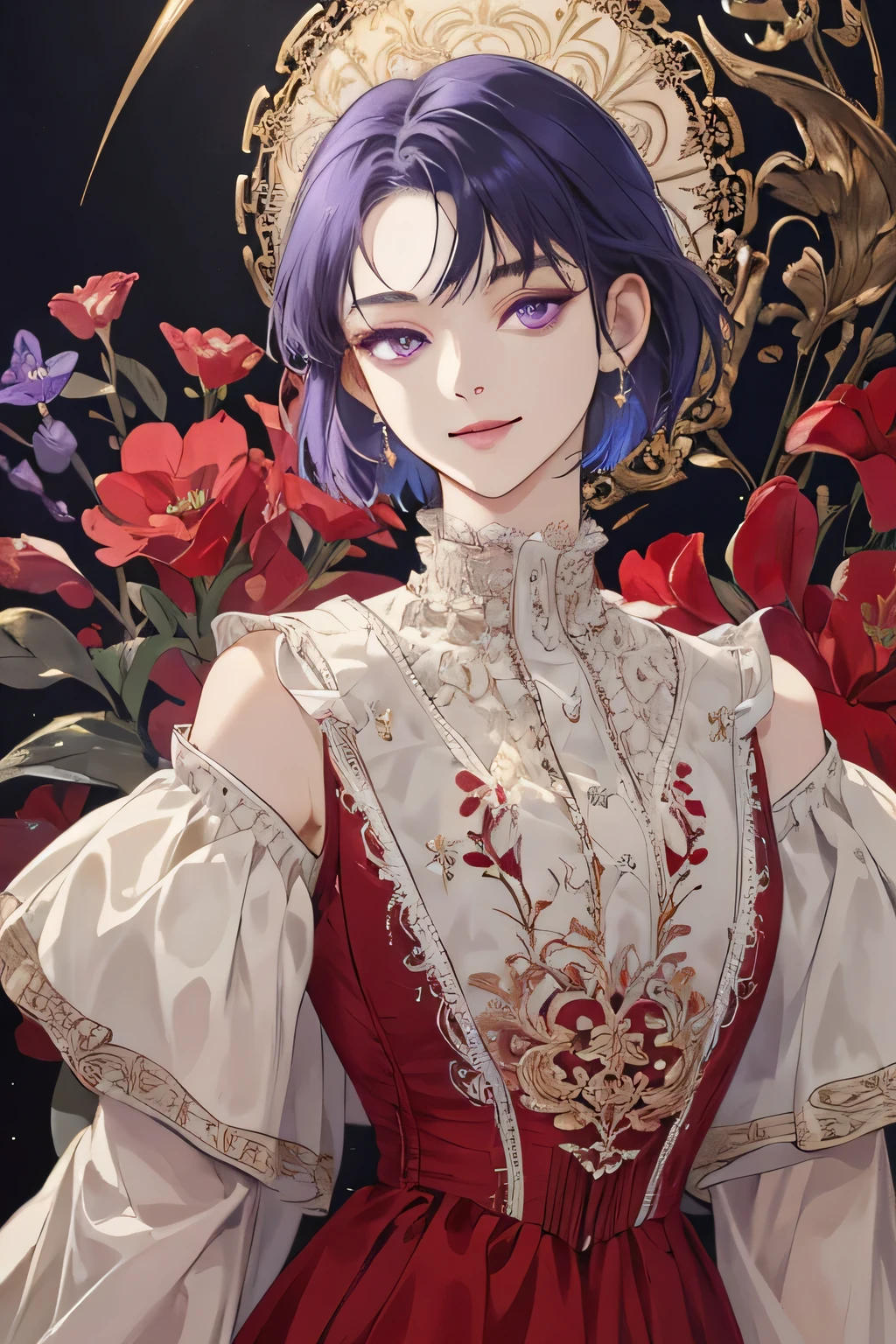 (extreamly delicate and beautiful:1.2), 8K,(masterpiece:1.0),(best_quality:1.0), 1 girl, and intricate detailing, Enlarged textures, and intricate detailing, finely eye and detailed face, and intricate detailing, shiraga, Blue short hair, (closed mouths), Perfect eyes, Equal eyes, eyes smile, purple eyes (A famale god) with (masterpiece), best quality, with red long dress party victorian style