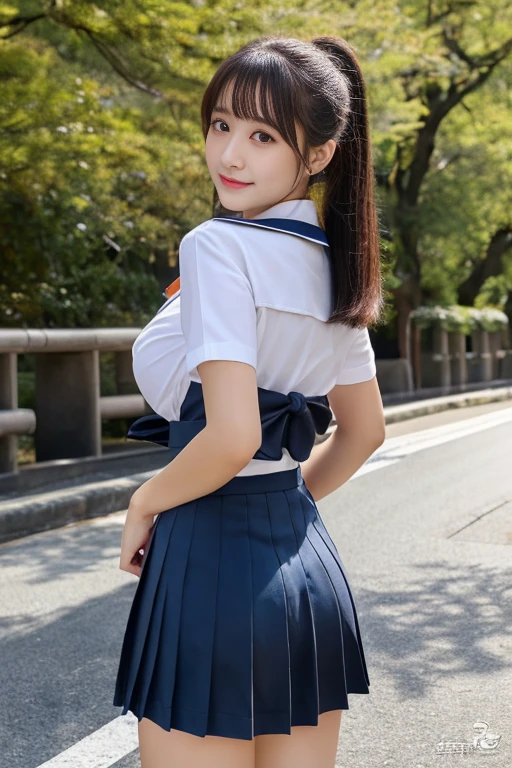 (best quality,8k,high resolution:1.2),(beautiful realistic japanese:1.6)、(Cute Japanese girl:1.4),(Huge breasts:1.25),(Attractive figure),(Uniforms,Very,Pleated Skirt,Sailor collar,White shirt:1.2)、Huge Breasts,Showing cleavage,(Butt exposed、Big Ass)、17 years old、professional、(Dear Madam、The joy of love、Heartbeat)、Happy、national park、