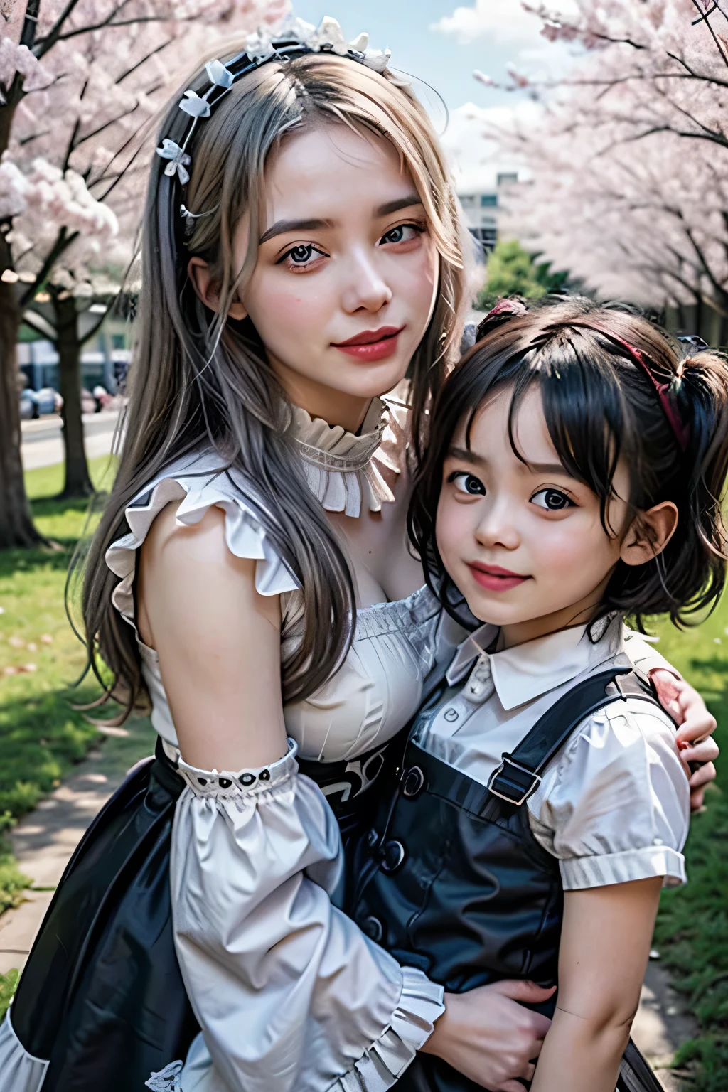 A 20-year-old female maid and a 6--old girl, 20-year-old woman wearing traditional maid uniform, The 6-year-old girl is wearing a light blue dress., 6 year old girl wearing ribbon headband, 20 year old women wear heavy makeup, Beautifully detailed face, A 20-year-old woman has a bun hairstyle, Natural sunlight, 20 year old woman has blue hair, They are standing under a cherry tree, Professional family photos, 6 year girl laughing, The two are very natural. The 20-year-old woman is 170cm tall., Anatomically correct body, A 6-year-old girl is 100cm tall, 6 year old girl sleeping, 20 year old woman hugging, Red lipstick, A 20-year-old woman is wearing a black skirt with frills, Chic pumps, 6-year-old girl has twin tails, 20 year old woman in garter belt and white stockings, They are both smiling., A 20-year-old woman is holding a 6-year-old girl in her arms, Two very cute people, Draw two faces in detail, The 6-year-oldl is wearing a long skirt, The 6-year-old girs a v young face., Anatomically correct number of hands, The 6-year-old girl has blonde hair., A 6-year-old girl rests cheek against the chest of a 20-year-old woman., Anatomically correct leg shaping, The two of them are beneath a magnificent row of cherry blossom trees.,