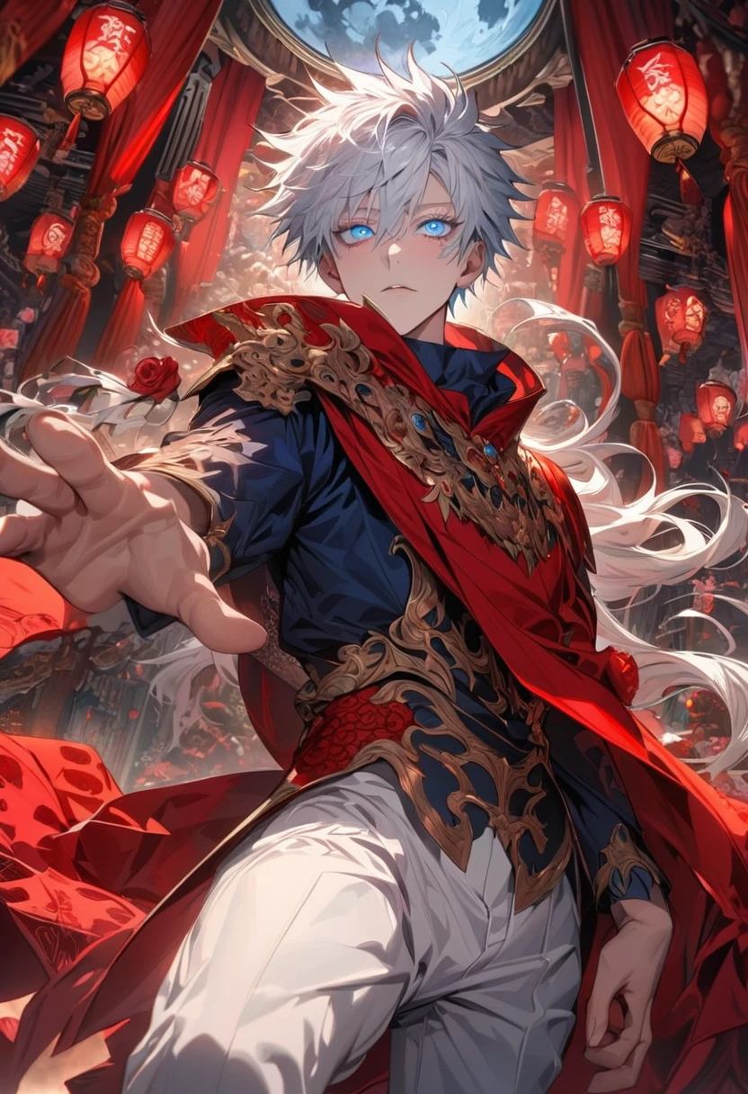 absurdres, highres, ultra detailed, HDR, masterpiece, extremely detailed face and eyes, beautiful eyes, amazing detailed eyes, extremely detailed features, Gojo Satoru, expressive blue eyes, white eyelashes, white hair with bangs, hair between the eyes, Jujutsu Kaisen, solo, man, handsome, fantasy world, red roses, red curtains, shining red lanterns, chandelier, sky, moon, fantasy white prince clothes, white pants, red cape, patterns