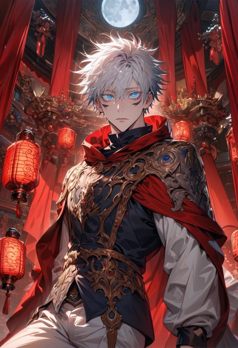 absurdres, highres, ultra detailed, HDR, masterpiece, extremely detailed face and eyes, beautiful eyes, amazing detailed eyes, extremely detailed features, Gojo Satoru, expressive blue eyes, white eyelashes, white hair with bangs, hair between the eyes, Jujutsu Kaisen, solo, man, handsome, fantasy world, red roses, red curtains, shining red lanterns, chandelier, sky, moon, fantasy white prince clothes, white pants, red cape, patterns