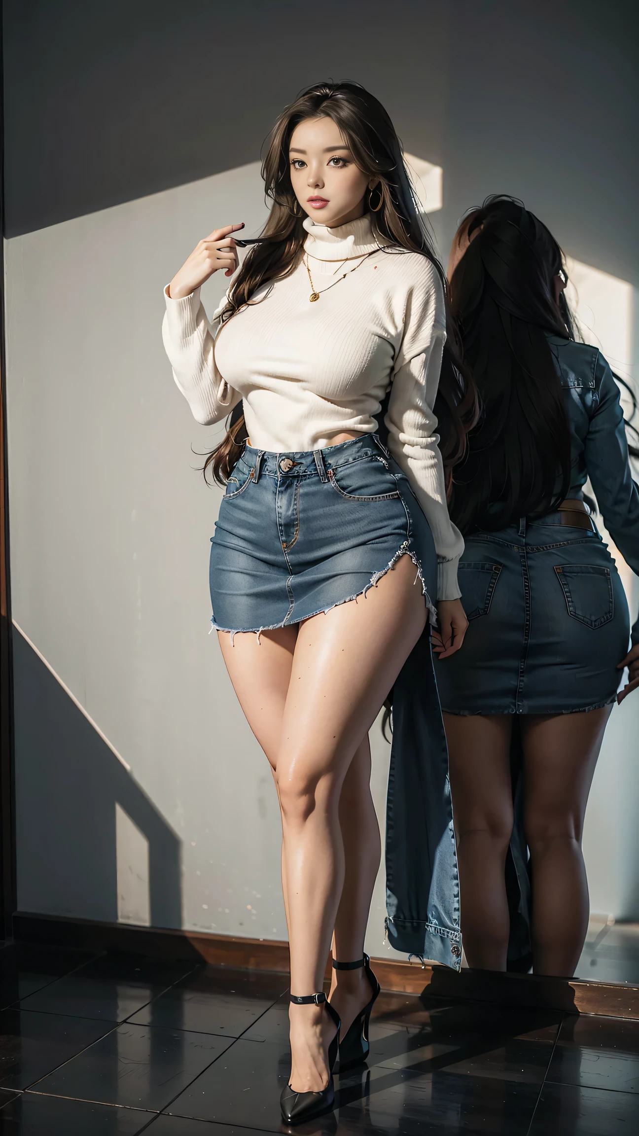 Full body shot of 1 beautiful woman, adult, large body, voluptuous woman, (very long straight hair),( brunette hair), outlined eyelids, made-up eyelids,  turtleneck sweater,  scarf, neckline, (blue mini denim skirt),  tempting , dreaming, curvy hourglass figure, oppai proportion, tight skirt , tall, tall, long legs