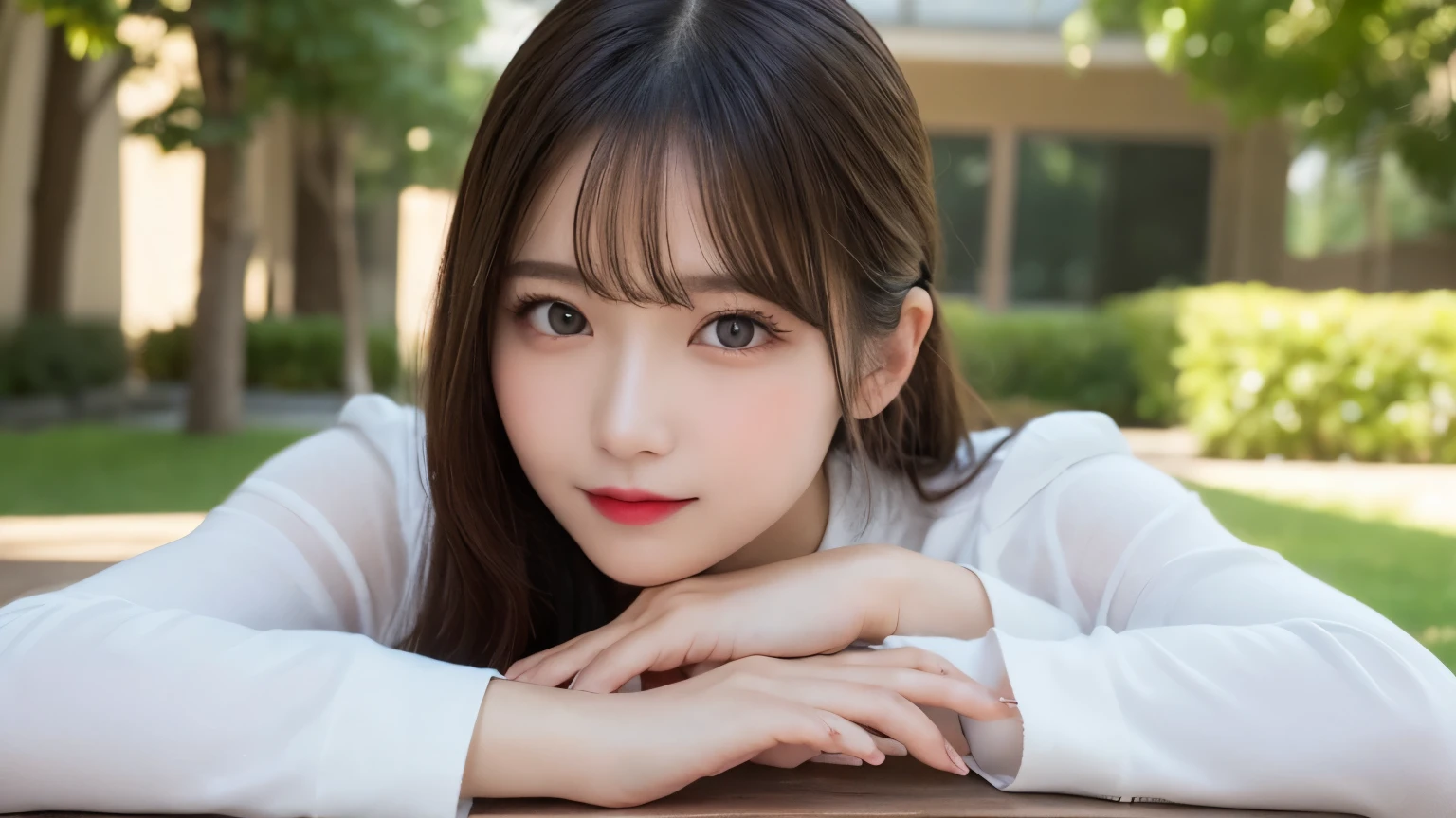 On the table, best quality, shape, Ultra Detailed, Finely, high resolution, 8k wallpaper, 完璧なダイナミックな構shape, Beautiful and delicate eyes, Medium Length Hair, Small Breasts, Natural lipstick, casual sexy pose,Smile,20 year old girl、midnight、Beautiful and detailed face、Perfect beautiful face,big eyes、original photo、Expressing female posture using the whole body、Beautiful and delicate eyes、Small face、Beautiful duplex、Facelift and style,shirt、Beautiful golden ratio face,Double ponytail hairstyle